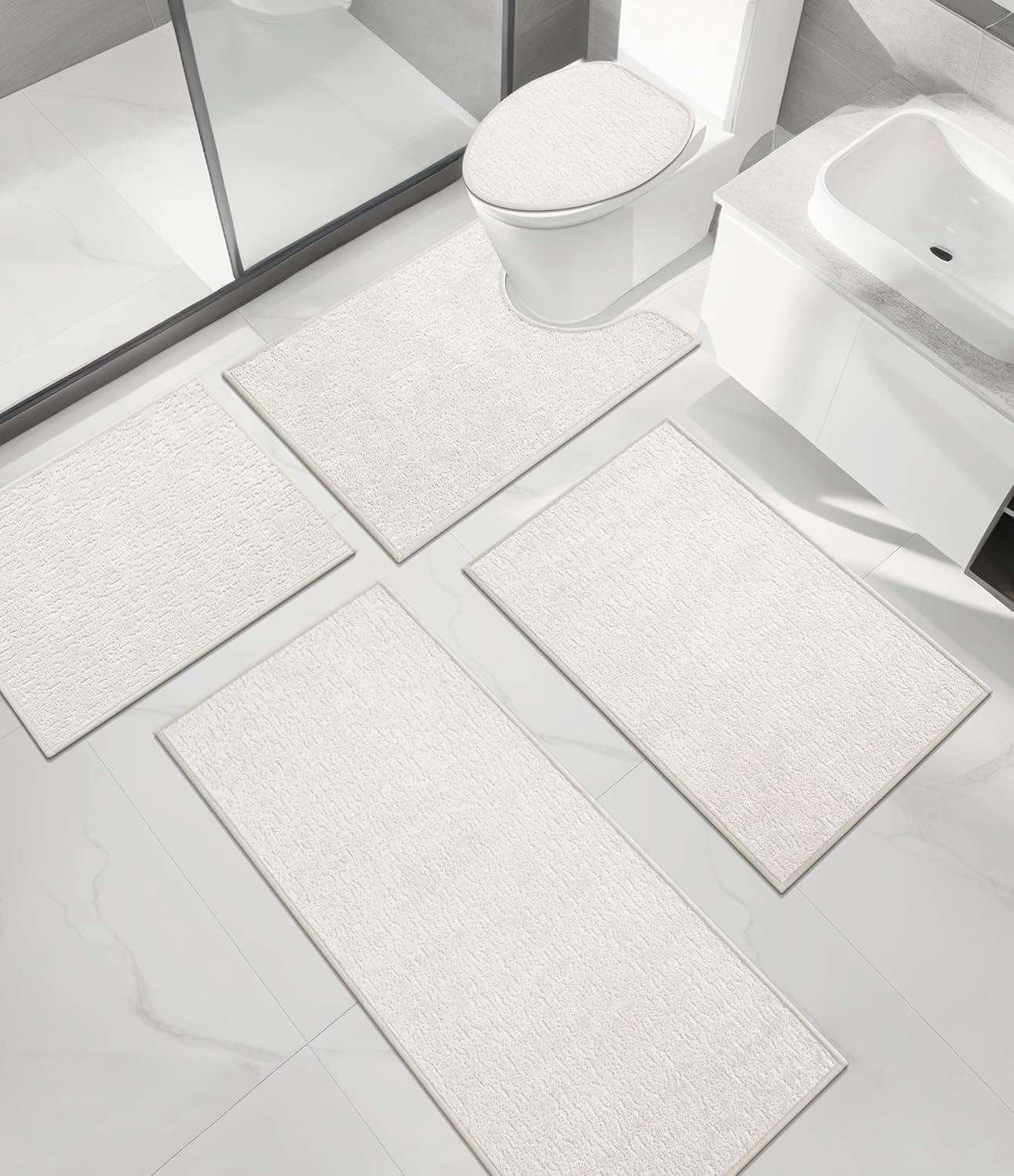 chakme Bathroom Rug Sets 5 Piece, Ultra Thin Bath Mat Quick Dry, Absorbent, Non Slip, Machine Washable, White, 17" x 24"