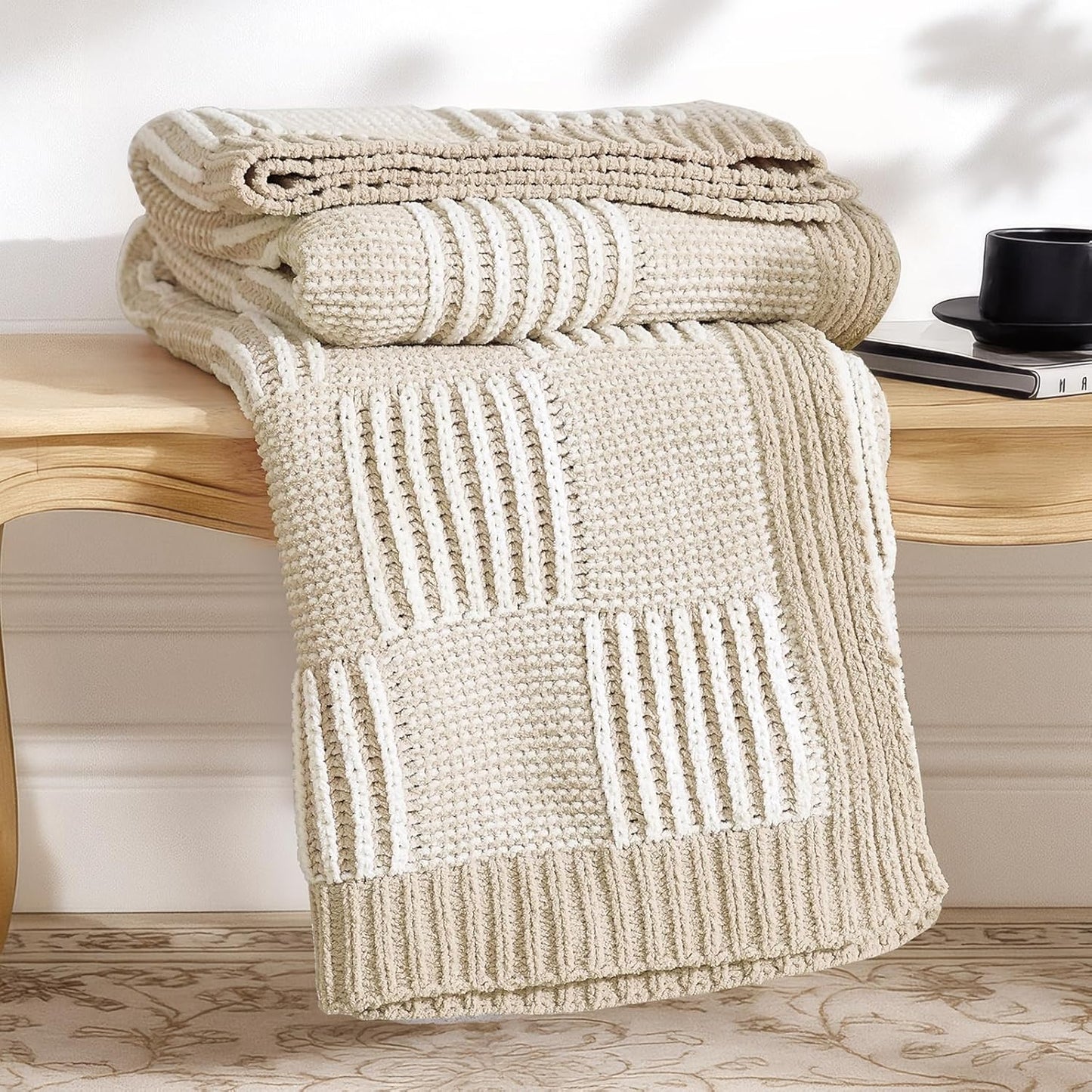 Amélie Home Checkered Knit Throw Blanket for Couch, Chenille Texture Decorative Soft Blanket for Sofa & Chair, 50"x60", Khaki & White