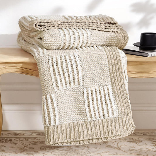 Amélie Home Checkered Knit Throw Blanket for Couch, Chenille Texture Decorative Soft Blanket for Sofa & Chair, 50"x60", Khaki & White