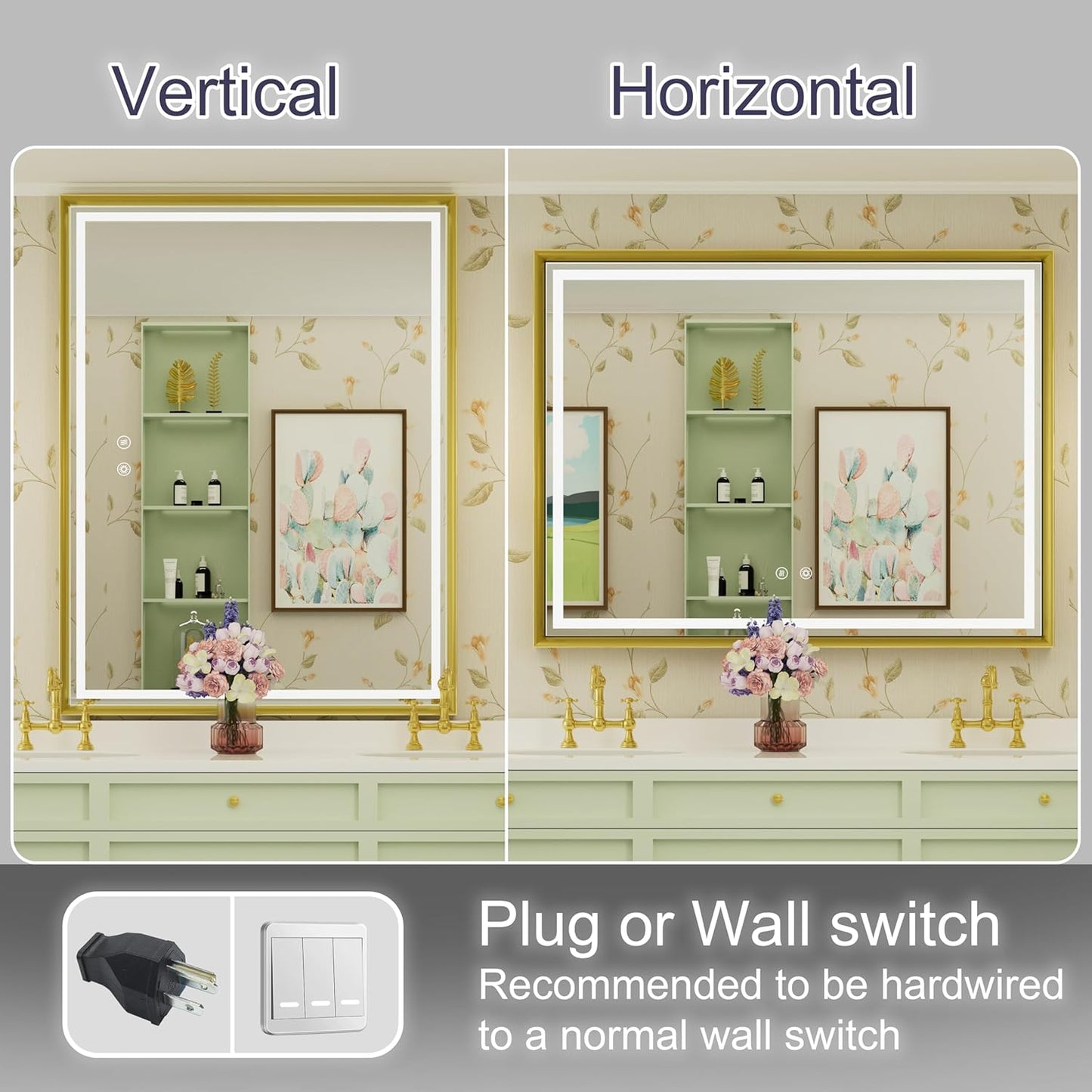 40x30 Inch Gold LED Mirror for Bathroom, 3 Color Temperatures (3000K/4500K/6000K), Anti-Fog, Dimmable Lights, Memory Function, Horizontal/Vertical Wall Mounted