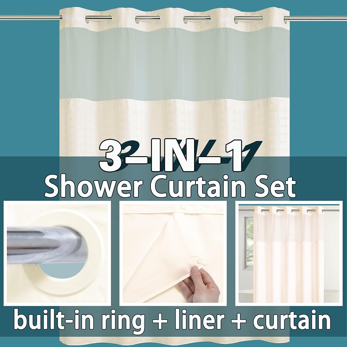 Conbo Mio Extra Long No Hook Shower Curtain with Snap in Liner Set, Hotel Luxury Beige Shower Curtains for Bathroom with See Through Top Window, Waterproof, Washable 71W x 84H