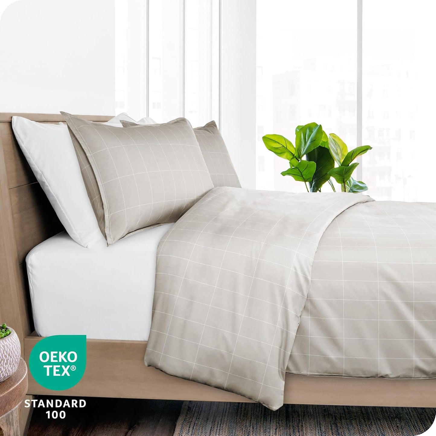 Bare Home Bedding Duvet Cover Extra Long - Premium 1800 Super Soft Collection - Lightweight, Duvet Cover - Soft Textured (Twin/Twin XL, Grid - Stone/White)