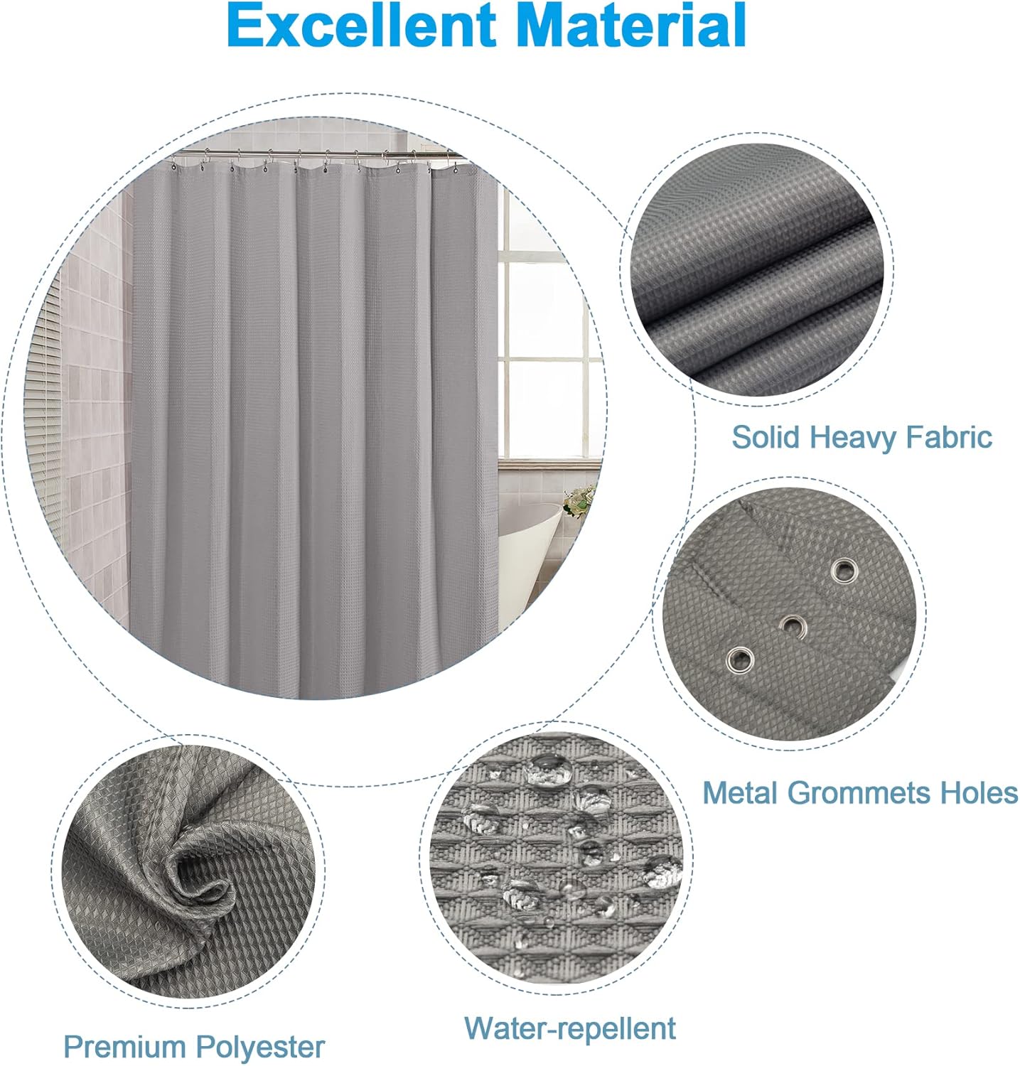 AmazerBath Extra Long Shower Curtain Waffle, Heavy Duty Fabric Shower Curtains with Waffle Weave Hotel Quality Bathroom Shower Curtains, 72 x 84 Inches (Grey)
