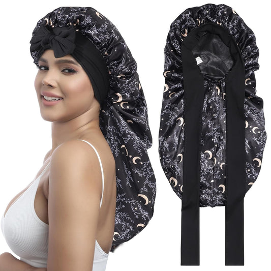 AWAYTR Long Satin Bonnet for Women - Double Layer Elastic Silk Bonnet for Braids Hair Sleeping Cap with Tie Band (Star and Moon+Black)