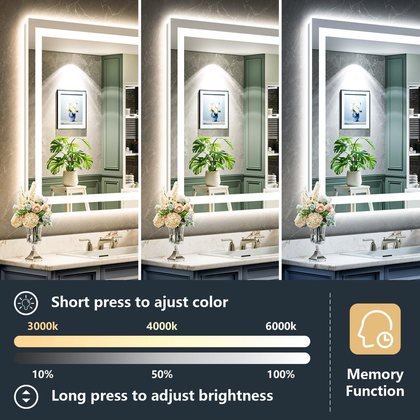 24x30 Inch LED Bathroom Mirror with Lights Front and Backlit Lighted Vanity Mirror for Bathroom Wall with 3 Colors Dimmable Anti-Fog Memory Shatter-Proof IP54 Waterproof Horizontal/Vertical