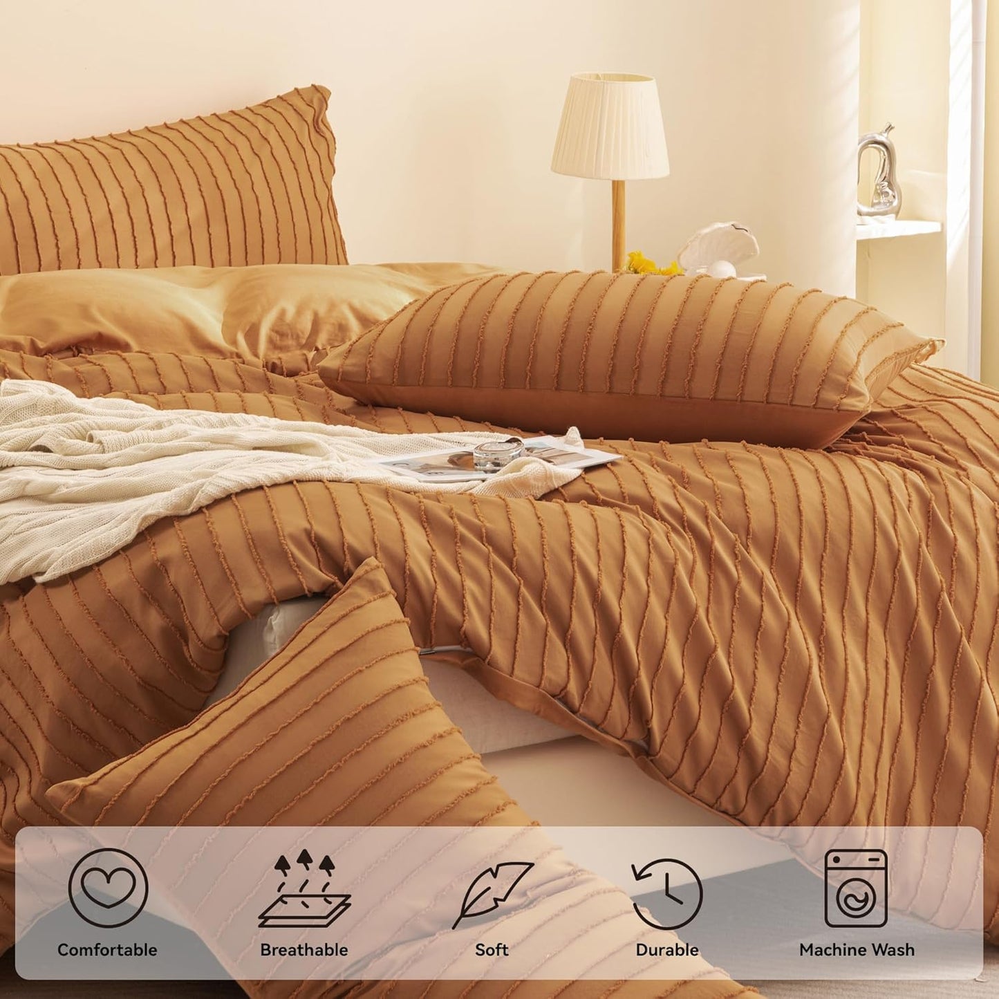 JELLYMONI Duvet Cover Full Size Rust - 3PCS Boho Striped Duvet Cover Set Polyester Tufted Bohemian Textured Comforter Cover 80×90in with Corner Ties & Zipper and 2 Pillowcases