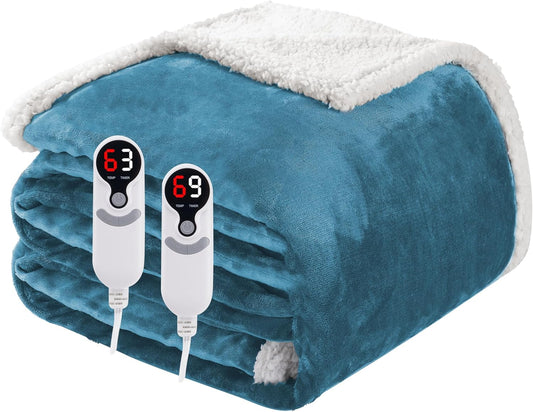 Electric Heated Blanket Queen Size 84"x90", Soft Flannel with Dual Controllers & Overheat Protection, 6 Adjustable Heat Settings & 10-Hour Auto-Off Timer, Fast Heating for Winter Comfort, Blue
