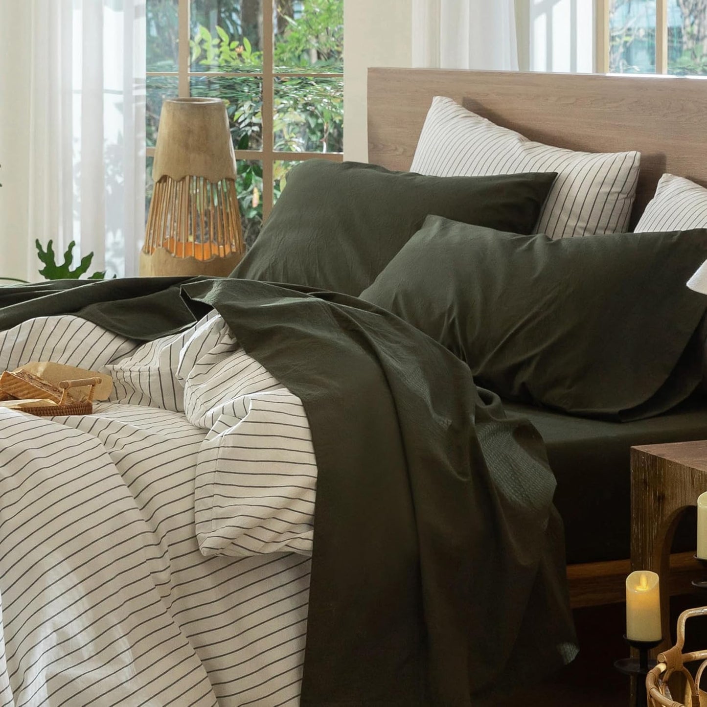 MooMee Bedding Sheet Set 100% Washed Cotton Linen Like Textured Breathable Durable Soft Comfy (Solid Olive Green, Twin)