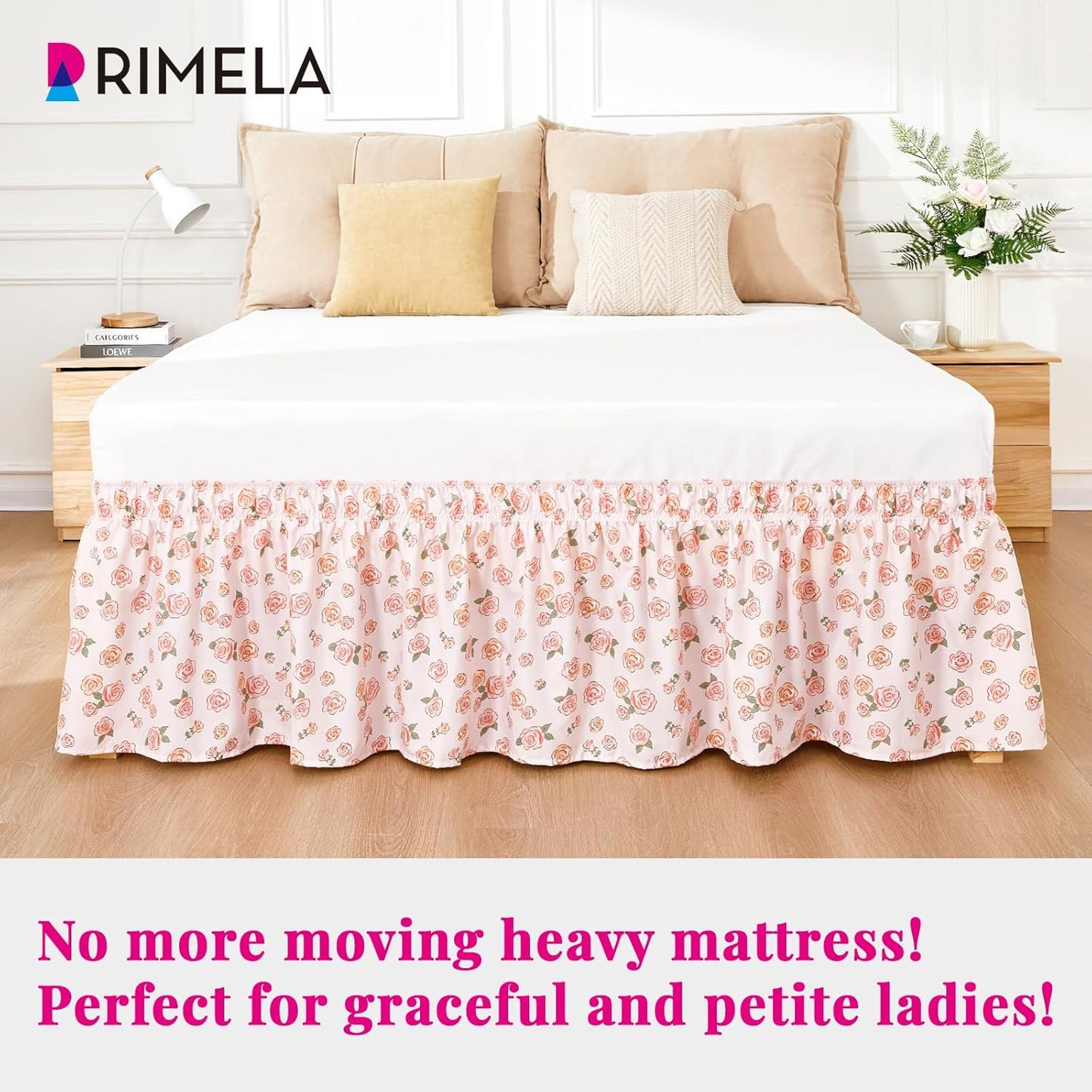 RIMELA Pink Rose Floral Bed Skirt Queen Size 15 Inch Drop, Elastic Bed Skirting for Bed Frame, Bedding Dust Ruffle Easy to Install, Lightweight Wrap Around Adjustable Bedskirt