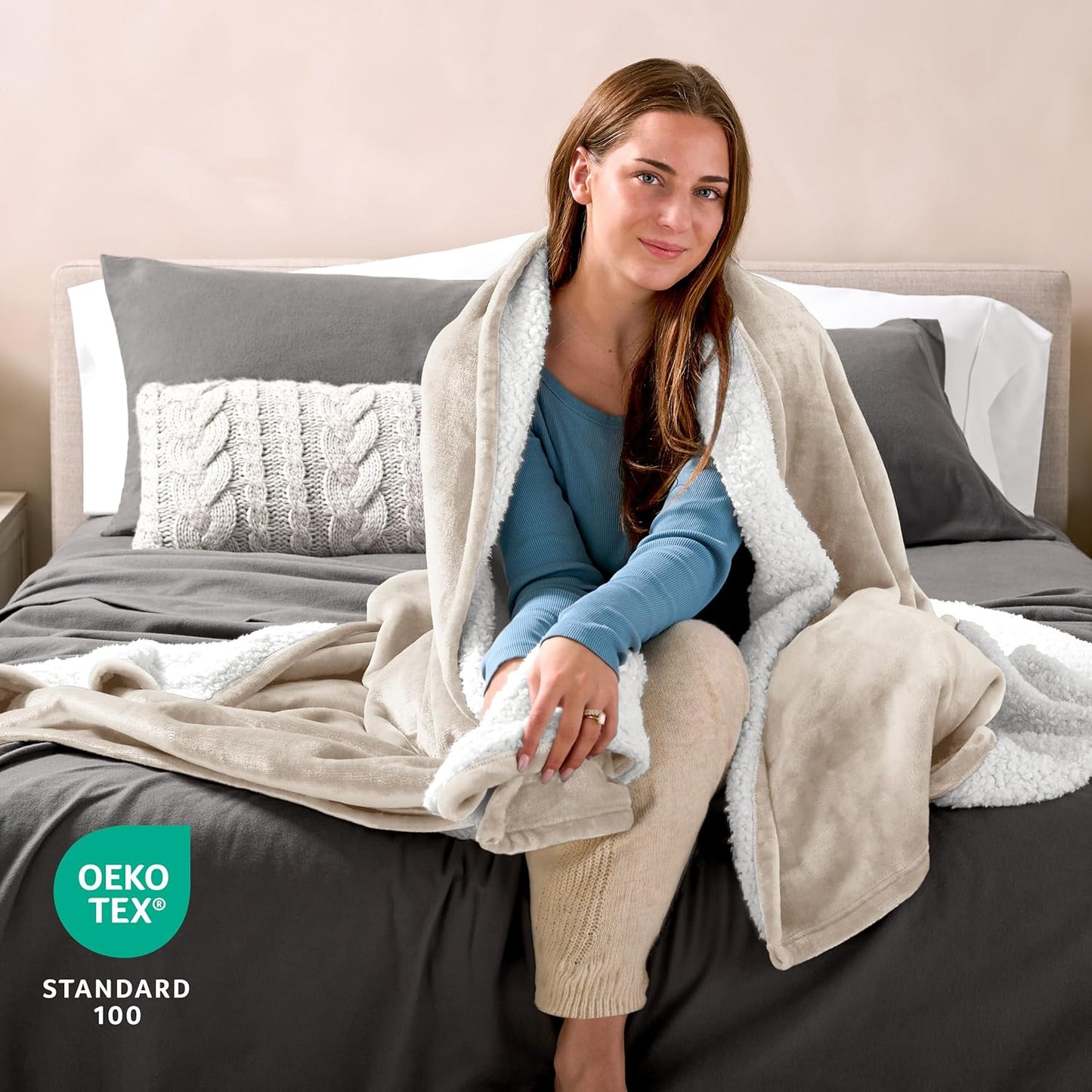 Bare Home Sherpa Fleece Blanket - Twin/Twin Extra Long - Blanket for Bed, Sofa, and Couch - Warm & Lightweight - Fluffy & Soft - Reversible (Twin/Twin XL, Oyster)