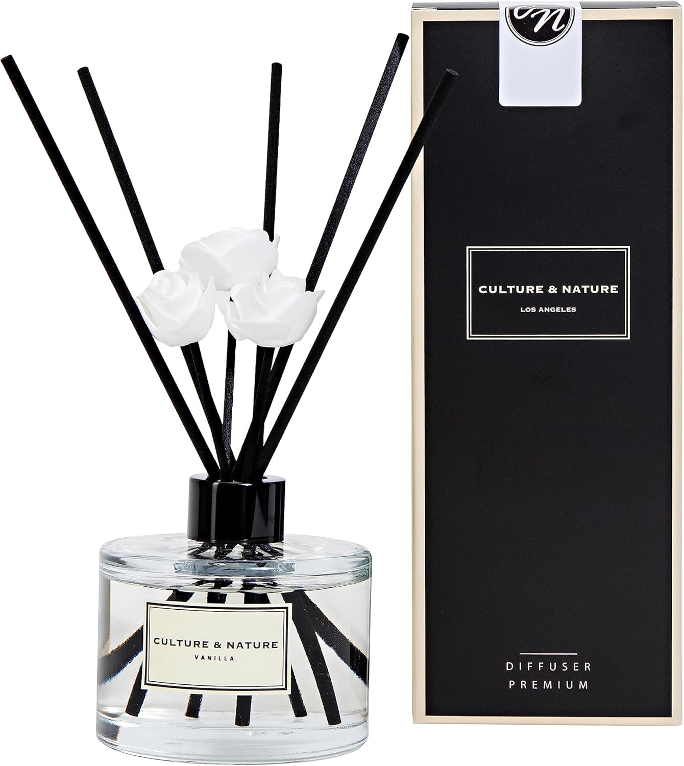 CULTURE & NATURE Reed Diffuser Set 6.7oz (200ml) Vanilla Scented Diffuser with Sticks Home Fragrance Reed Diffuser for Bathroom Shelf Decor