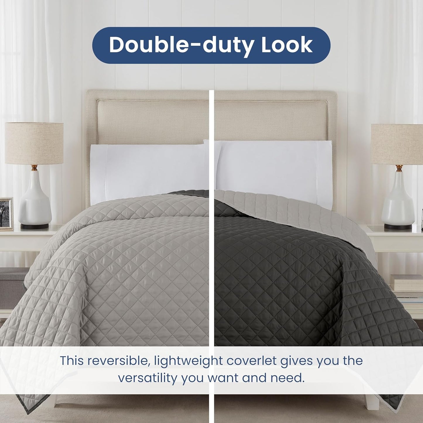 Martex Reversible Coverlet – Full Queen Size Quilt - Lightweight Full Size Bedding– Durable Queen Size Quilts for Bed – Soft - Easy Care Bedding – Light Gray/Graphite