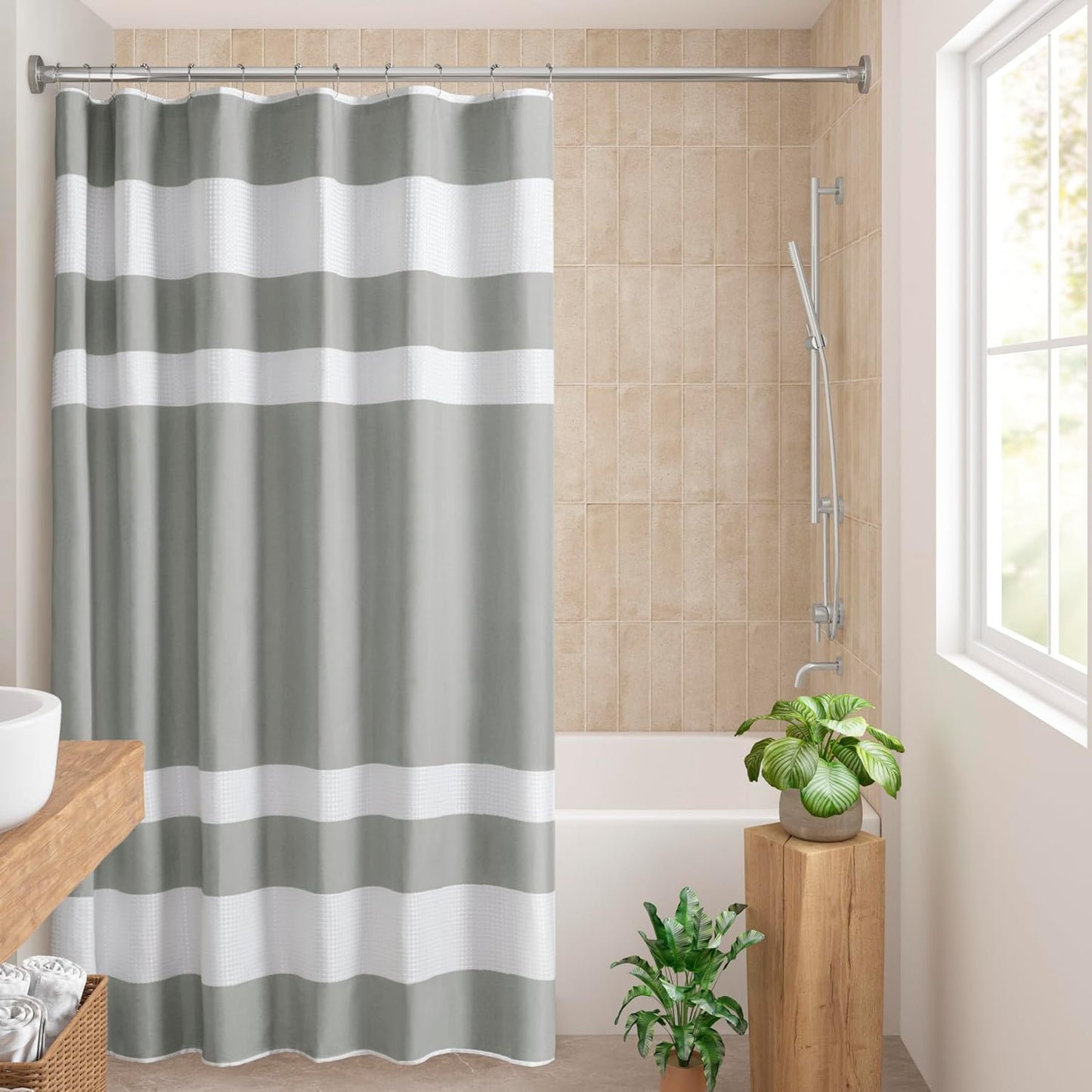 Madison Park Shower Curtain Spa Waffle Weave Long Shower Curtain for Bathroom 3M Scotchgard Moisture Management, Spa Quality Modern Shower Curtains for Bathroom, Long 72x78 Grey