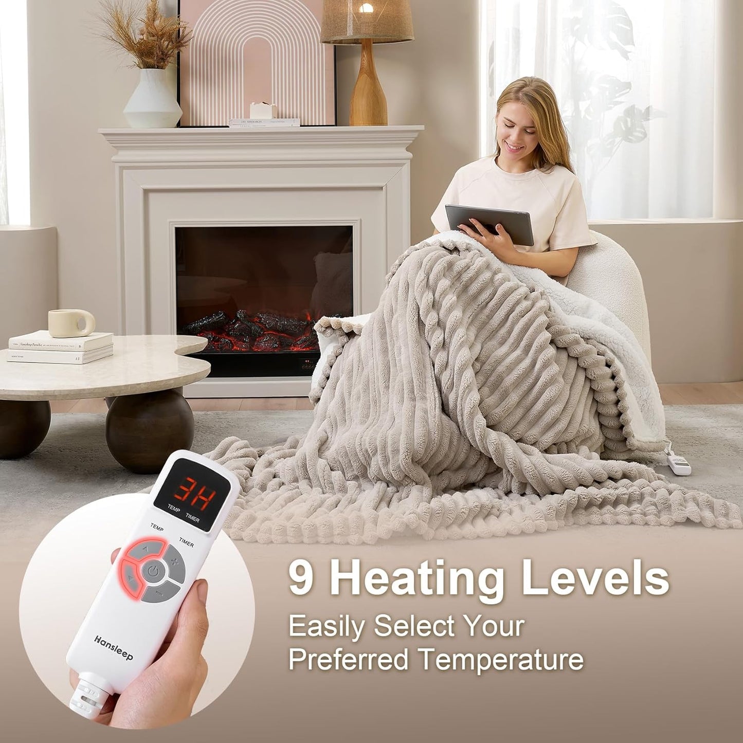 Hansleep Heated Blanket Electric Blanket Throw, Heating Blanket with 9 Heating Levels and 10-Hour Timer Auto Shut Off, Washable Soft Warm Winter Blanket, 50 x 60 Inches, Linen