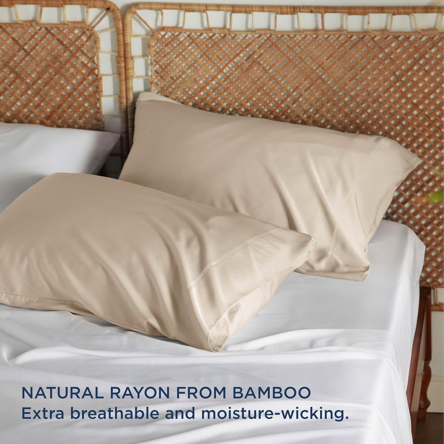 Bedsure Pillow Cases Queen, Cooling Pillow Cases, Rayon Derived from Bamboo Beige Pillowcases Queen Size Set of 2, Silky Soft & Breathable Bedding Pillow Covers with Envelope Closure, 20x30 Inches