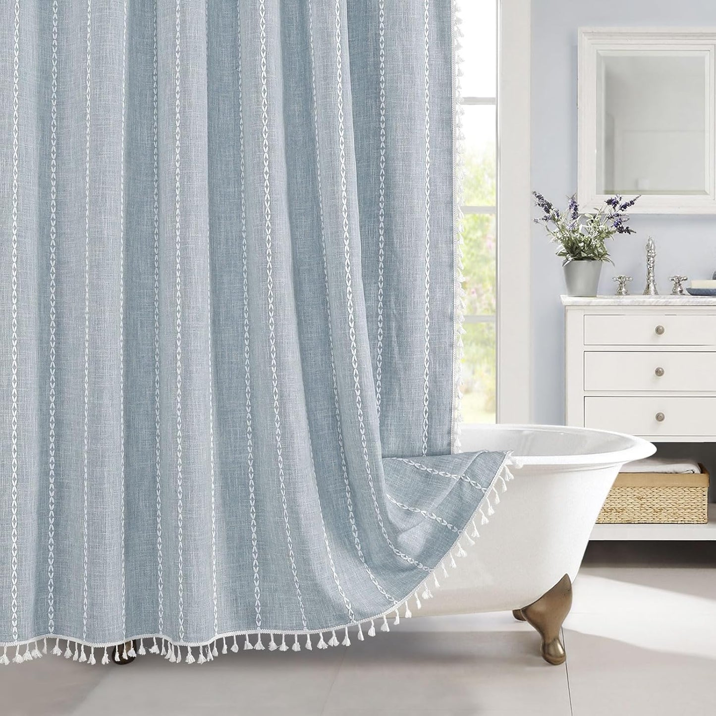 MitoVilla Boho Extra Long Shower Curtain 72 x 84, Blue 84 inch XL Polyester Linen Tassel Fabric Shower Curtain Set with Hooks for Vintage Country Farmhouse Bathroom Decor, Thick & Wrinkle Resistant