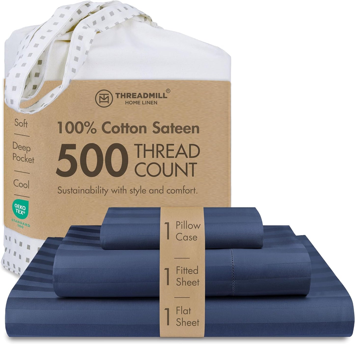 Threadmill 500 Thread Count Twin-XL Size Damask Stripe, 3 Pc Luxury Cotton Bed Sheet Set, Breathable Folkstone Blue Sheets with 15" Elasticized Deep Pocket, 1 Pillowcase & Free Tote Bag