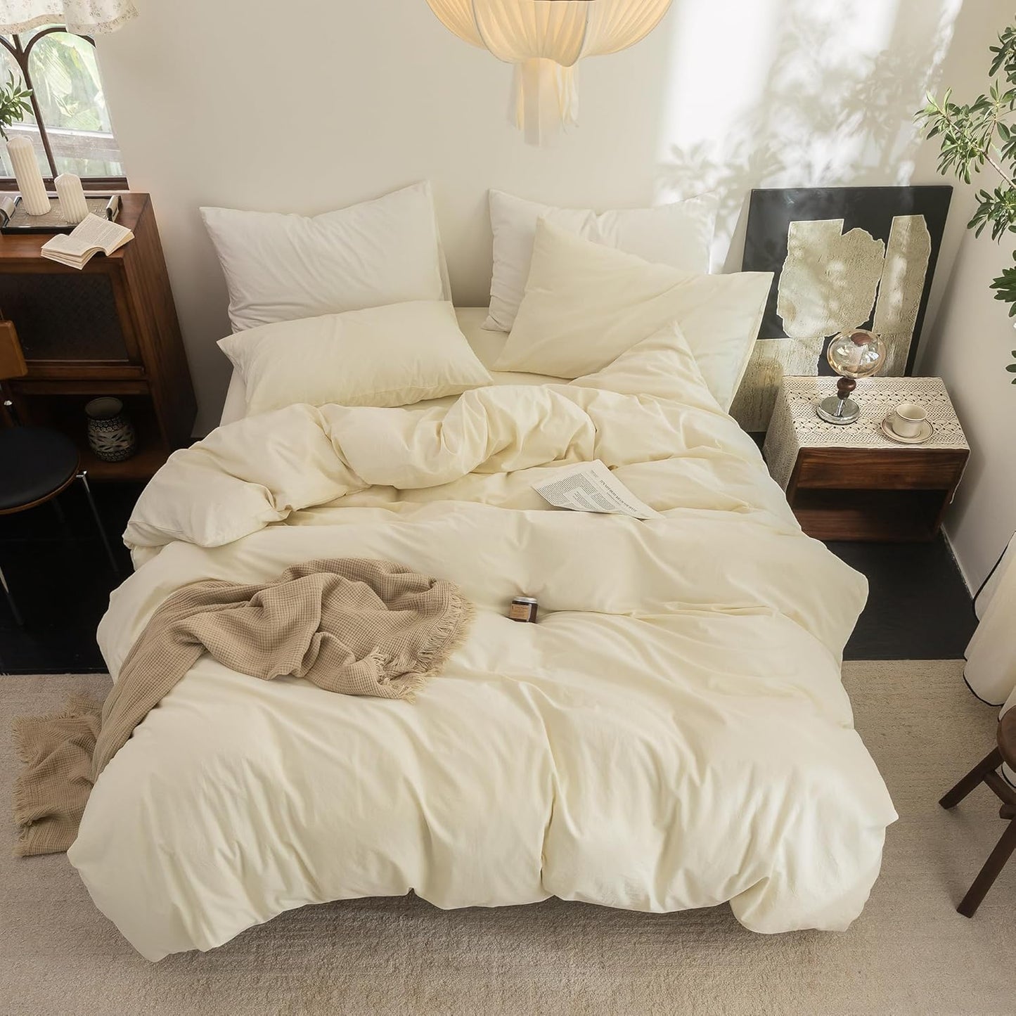 FOSSA Duvet Cover Set 100% Washed Cotton Linen Feel Super Soft Breathable Cozy 3 Pieces Bedding Sets Solid Cream White Super Queen