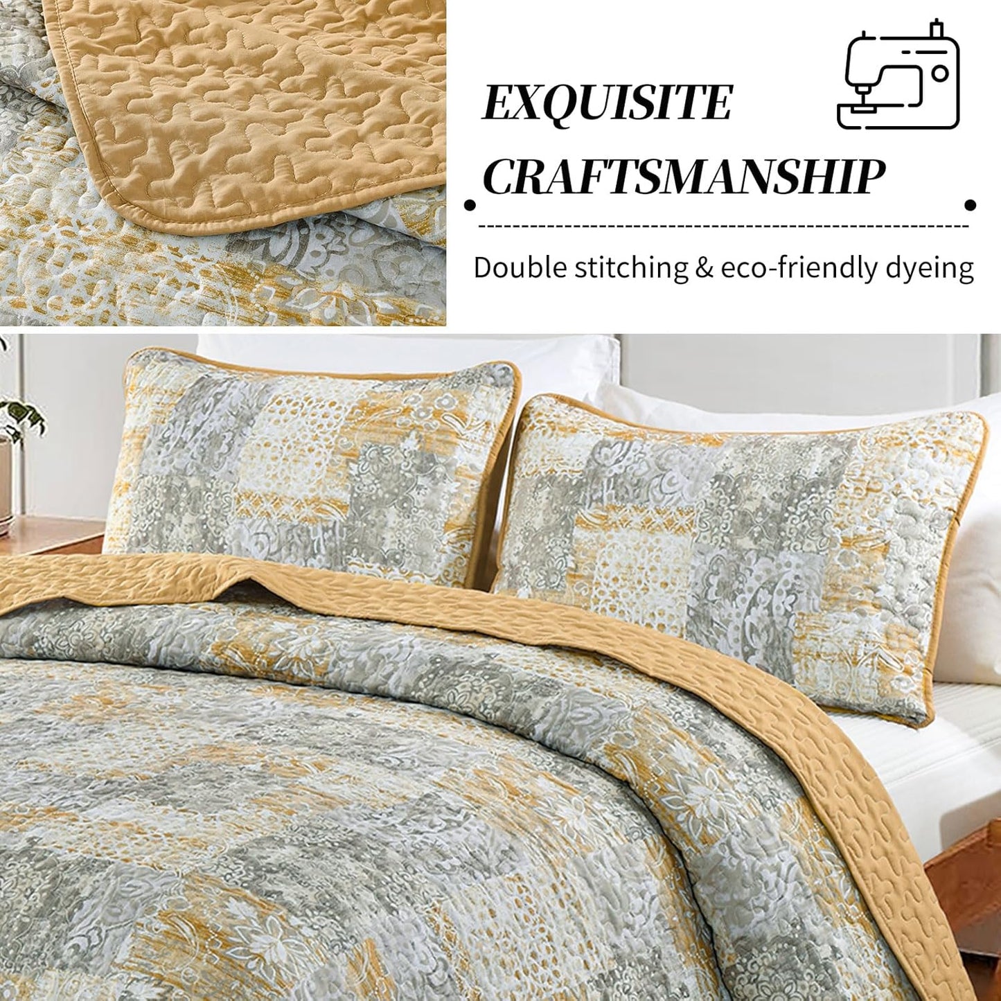 Mybedsoul Yellow Boho Quilt Set Queen Size 3 Pieces Grey and Yellow Plaid Floral Bedding Set Microfiber Lightweight Bohemian Patchwork Bedspread Coverlet Set for All Season 90"x96"