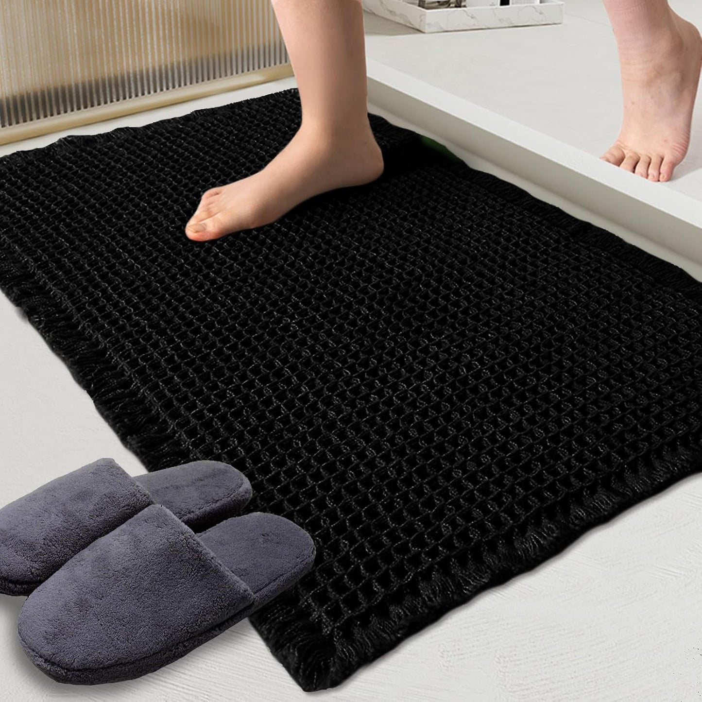 ZALL Waffle Bath Mat Black Super Absorbent Non Slip Bathroom Rug,Rhombus Geometric 24x36inch,Machine Washable Ultra Soft Floor Mats