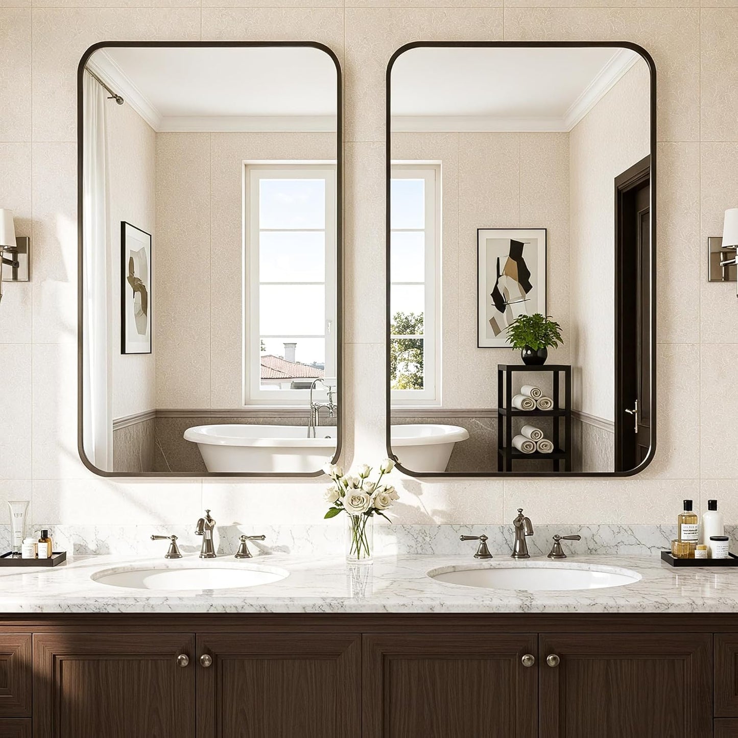 Antok 2-Pack Bathroom Mirrors, 22"x30" Double Wall Mirrors, Decorative Mirror Vanity Mirror Aluminum Alloy Frame Contemporary Hanging for Living Room Bathroom Entryway, Black