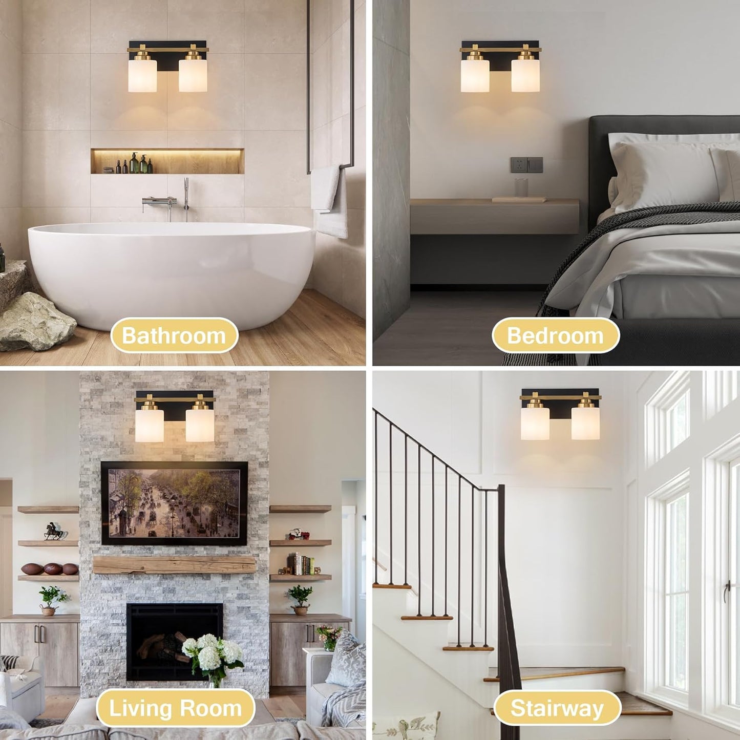 2 Light Modern Bathroom Light Fixtures Over Mirror, Black Gold Vanity Lights for Bathroom Wall Sconces with Milky White Glass Shades, E26 Socket (Bulbs Not Included)