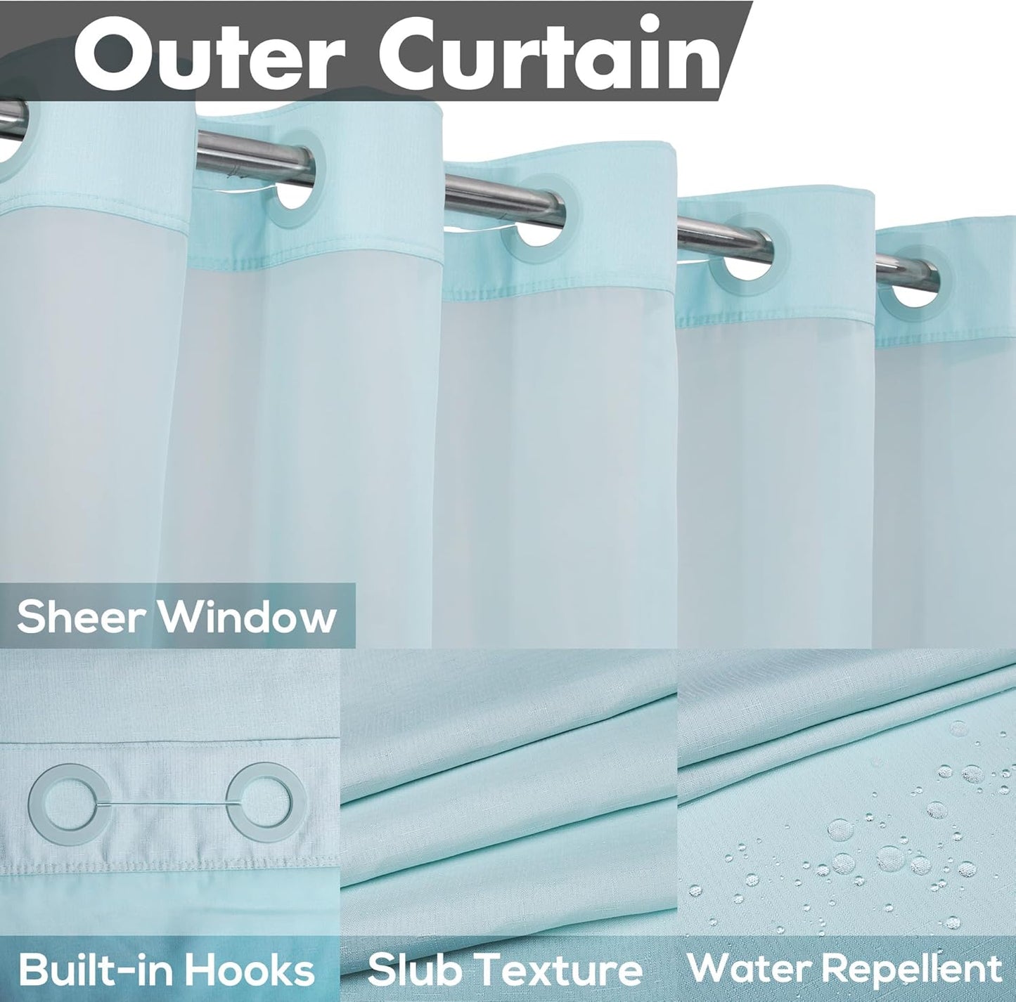 River Dream Extra Long No Hook Slub Textured Shower Curtain with Snap-in PEVA Liner Set - 71" x 86"(84"), Hotel Style with See Through Top Window, Blue Fabric Curtain & Waterproof Liner, Blue, 71x86