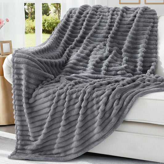 decorUhome Christmas Soft Fleece Grey Throw Blanket for Couch, Cozy Fluffy Plush Flannel Striped Blanket for Sofa Bed, Lightweight Decorative Ribbed Fuzzy Blanket for Woman, 50x60 Inches