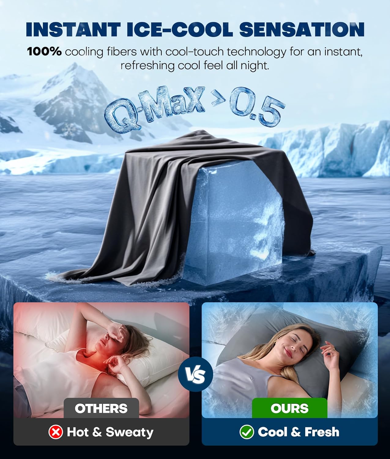 Ultra-Chill Cooling Pillowcase Set of 2 for Hot Sleepers, Softer Than Silk Pillow Cases for Protecting Hair & Skin, Breathable Bed Pillow Covers w/Zipper, Gifts for Women & Men(Dark Gray, Queen)