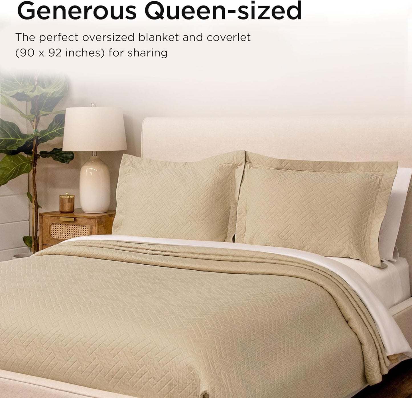 Threadmill Luxury Cotton Blankets for Queen Size Bed | All-Season 100% Cotton Queen Size Blanket | Criss Cross Jacquard Cozy Lightweight, Soft Breathable Coverlet fits Full Size Bed, 90x92 | Beige
