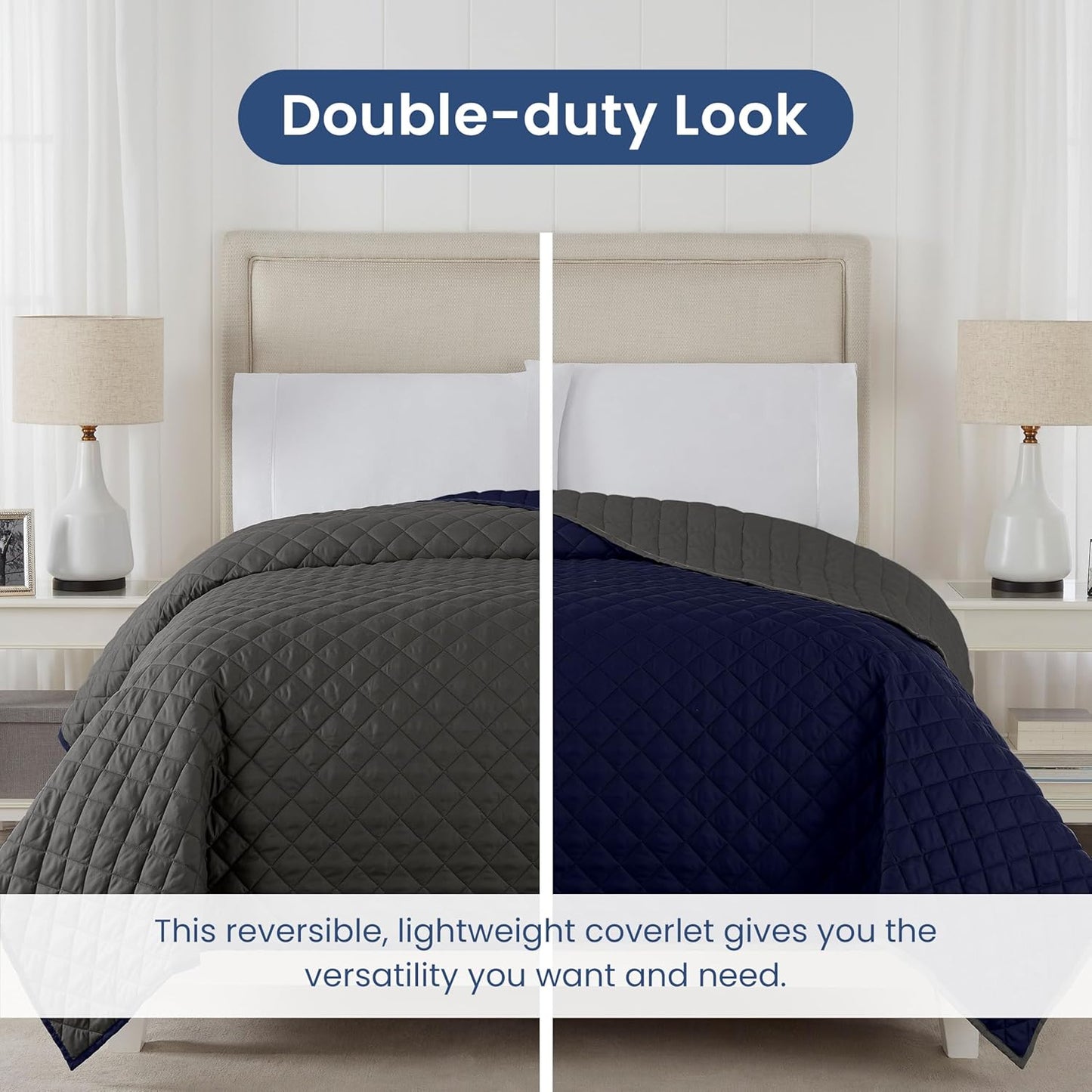 Martex Reversible Coverlet – Twin Bed Quilt – Lightweight Twin Size Bedding – Durable Quilts for Bed – Soft - Easy Care Bedding – Graphite/Navy