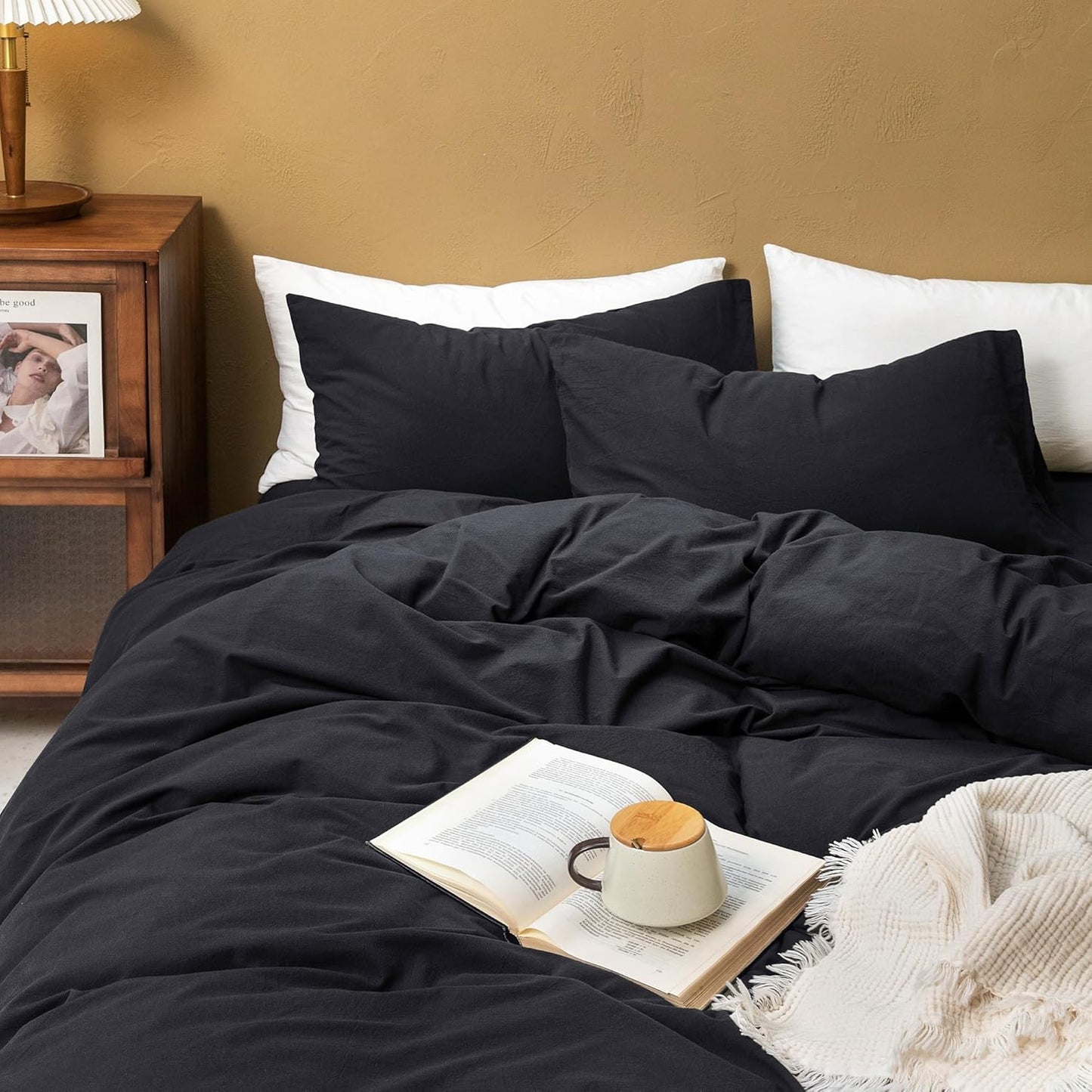 FOSSA Duvet Cover Set 100% Washed Cotton Linen Feel Super Soft Breathable Cozy 3 Pieces Bedding Sets Solid Black Super King