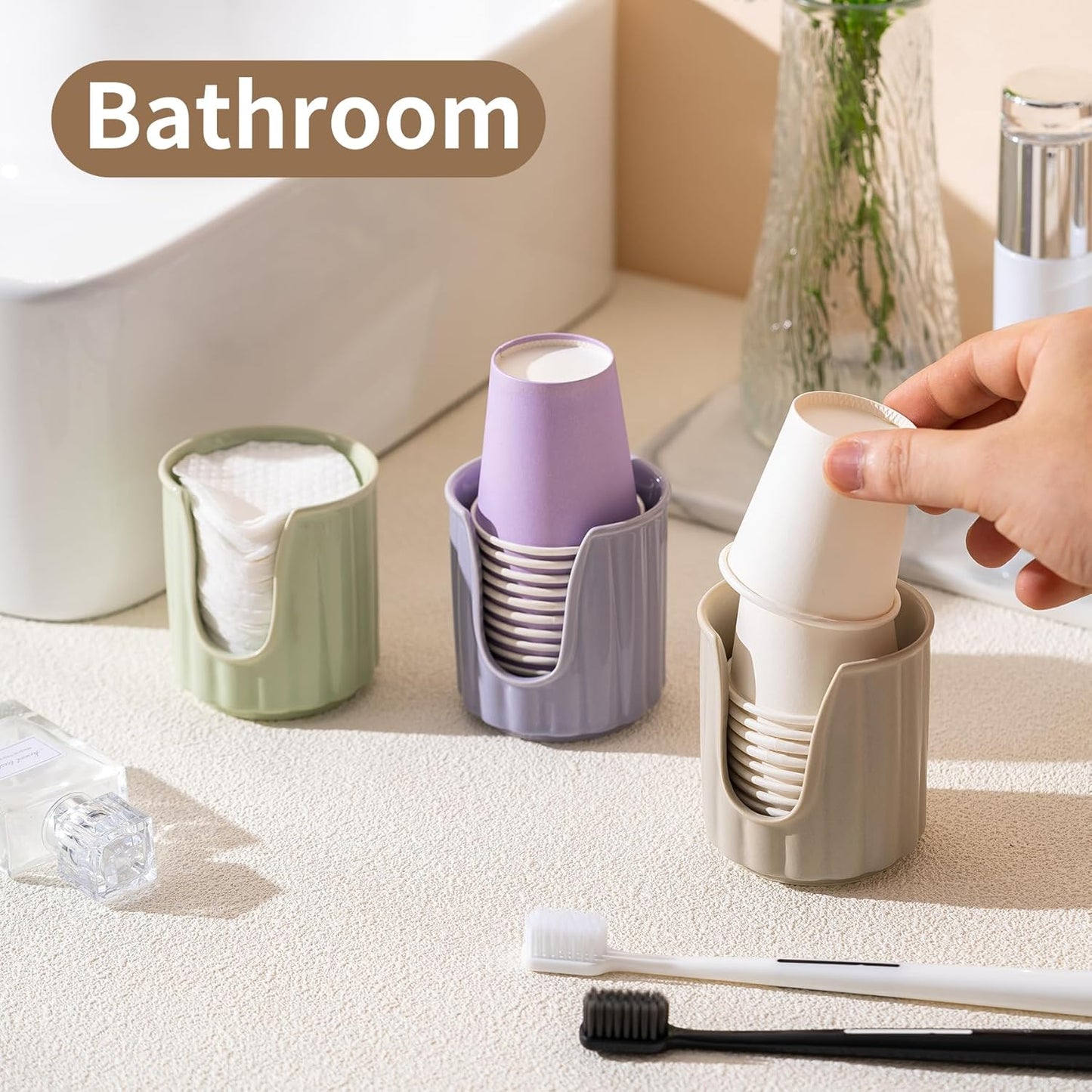 TANEW Ceramic Bathroom Cup Dispenser with Stylish Vertical Stripes - Dixiee Cup Dispenser & Mouthwash Cup Holder Holds 3oz Paper Cups for Rinsing Cups on Bathroom Vanity Countertops Glossy Yellow
