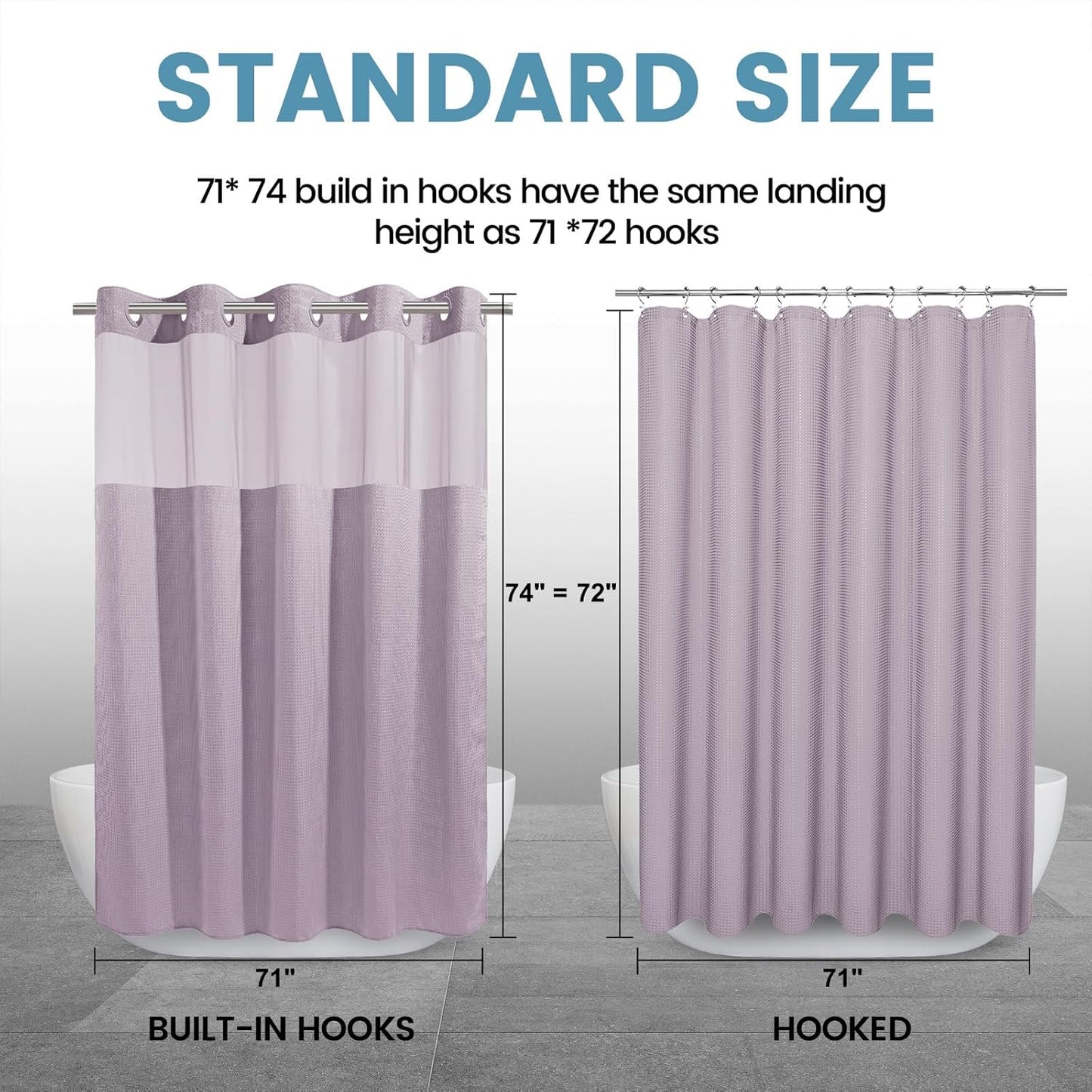 Lavender No Hook Shower Curtain with Snap in Liner,230GSM Waffle Weave Shower Curtains for Bathroom,71W x 74H