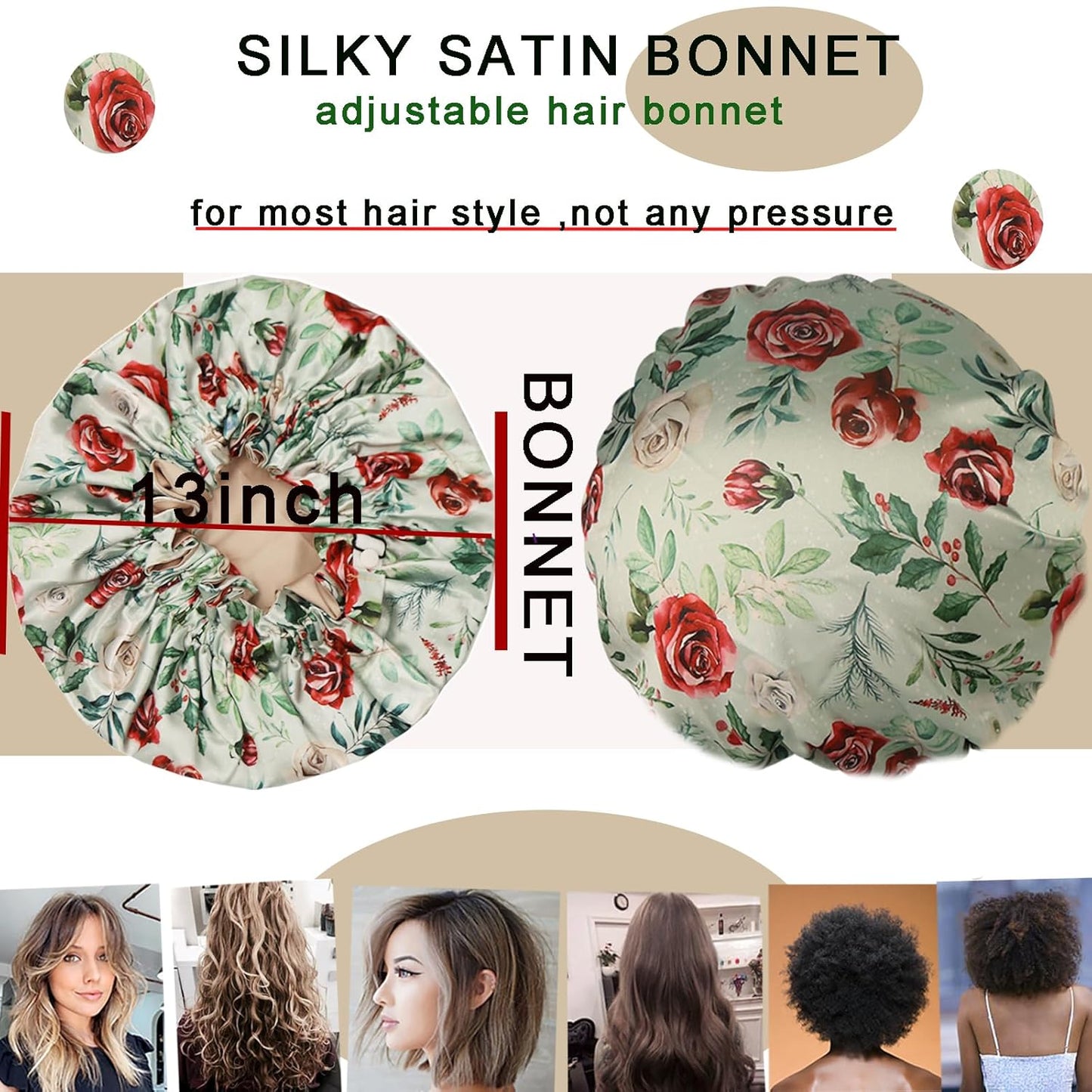 Satin bonnet for women 2PCS silk hair bonnet cap reversible for sleeping Adjustable Night sleep cap for curly natural hair double-layer and Washable (White Green flower)
