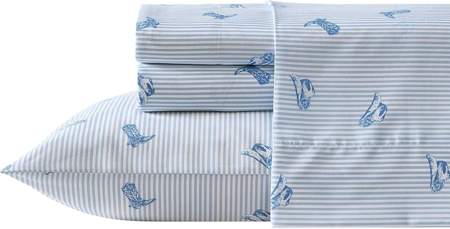 Wrangler - Queen Bed Sheets, Ultra-Soft & Lightweight Bedding with Matching Pillowcases, Lightweight Bed Set for All Season Comfort, Oeko-Tex Certified (Cowboy Pinstripe Blue)