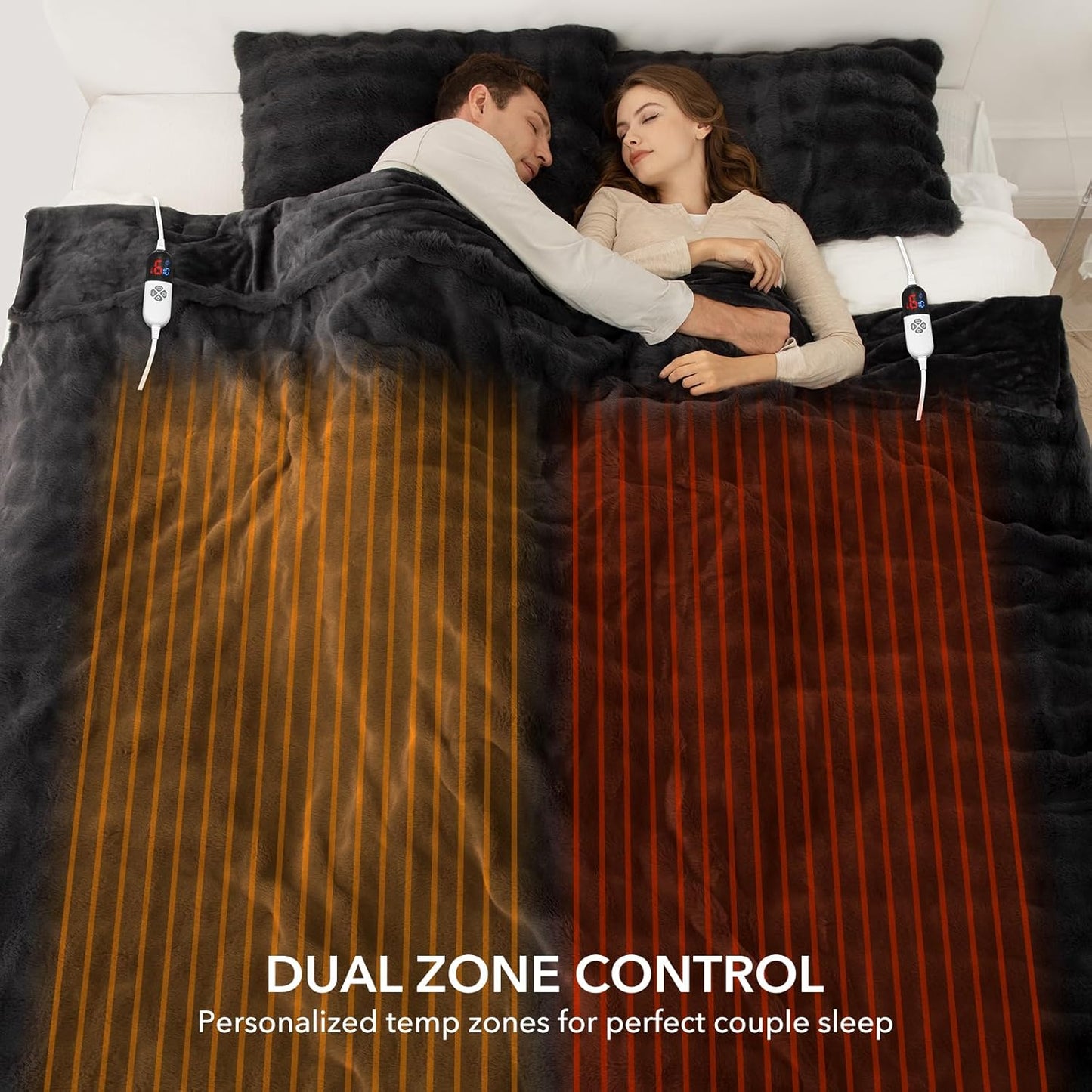 Faux Rabbit Fur Bubble Heated Blanket Queen Size Dark Grey - Fluffy Thick Electric Blanket with Dual Control, 6 Heating Levels & 10 Timer Settings, Overheat Protection, Home Decor (84" x 90")