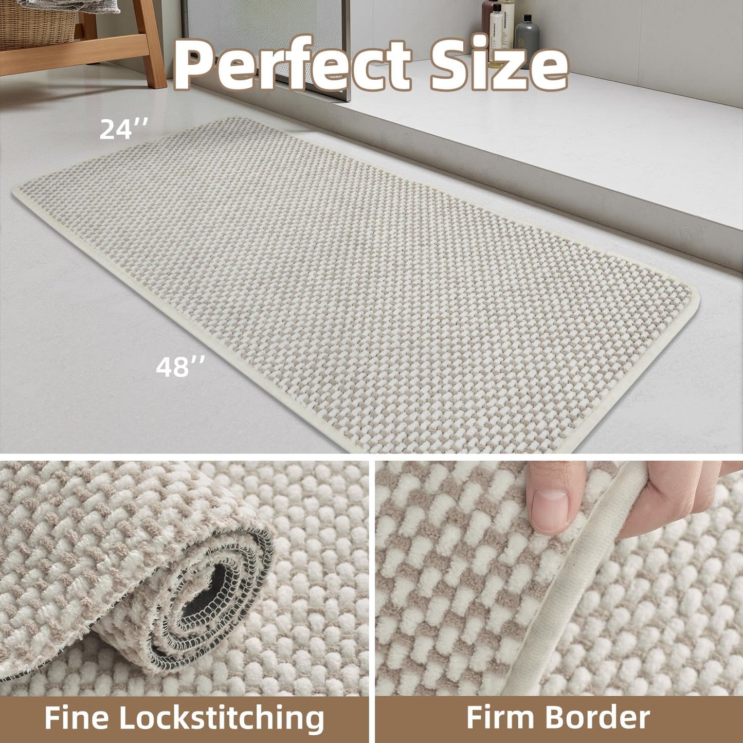 PADOOR-Bath Mat Runner-Super Absorbent Chenille Bathroom Mats-Rubber Backed Bath Mats for Bathroom Non Slip, Easy Clean Bathroom Runner Rugs Front of Bathtub,Shower Room,Sink-24×48, Beige&Cream