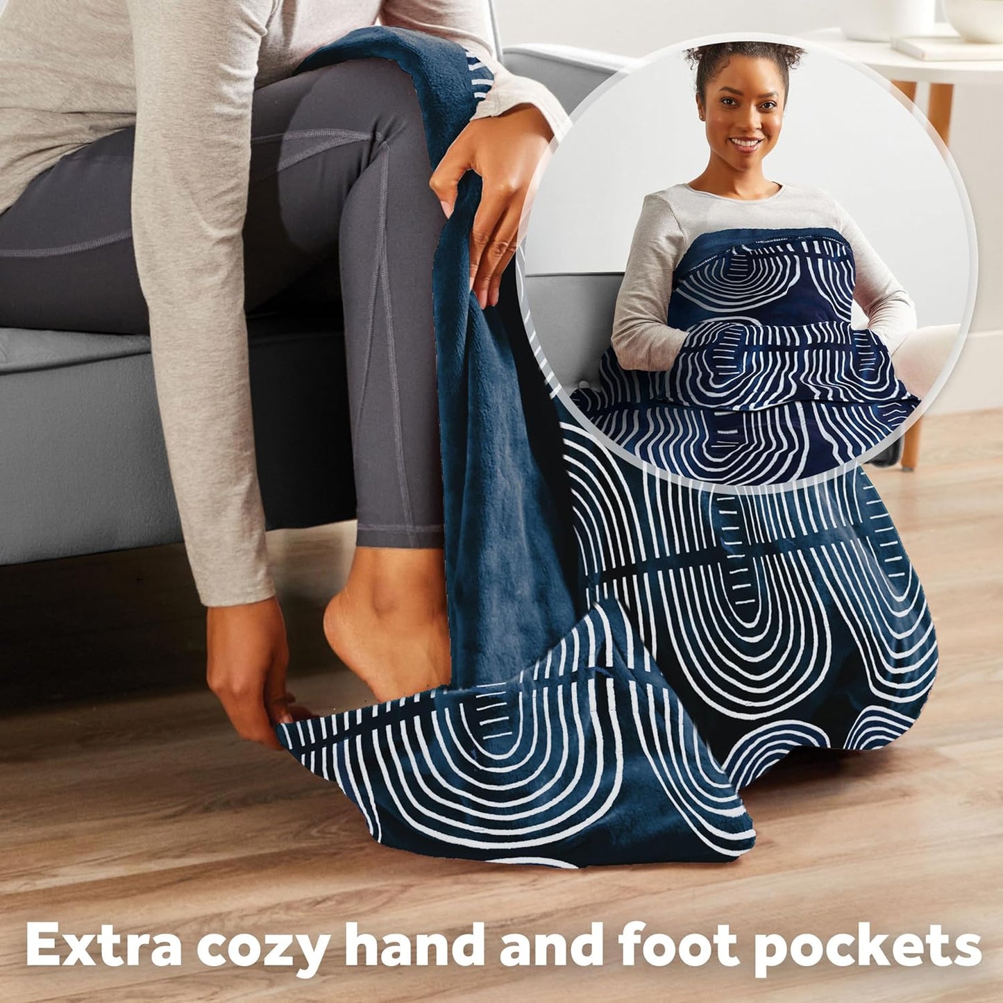 Sunbeam Ultimate Cozy Royal Posh Velvet Hand & Foot Pocket Heated Throw Electric Blanket, 50" x 72", 4 Heat Settings, 4-Hour Auto Shut-Off, Warming Throw for Couch, Machine Washable, Blue Rounds