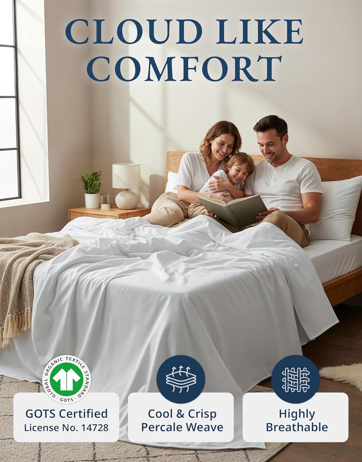 LANE LINEN 100% Organic Cotton White Twin XL Sheets Set 3-Piece Pure Percale Soft Bedding Breathable Fits Mattress Upto 15" Deep