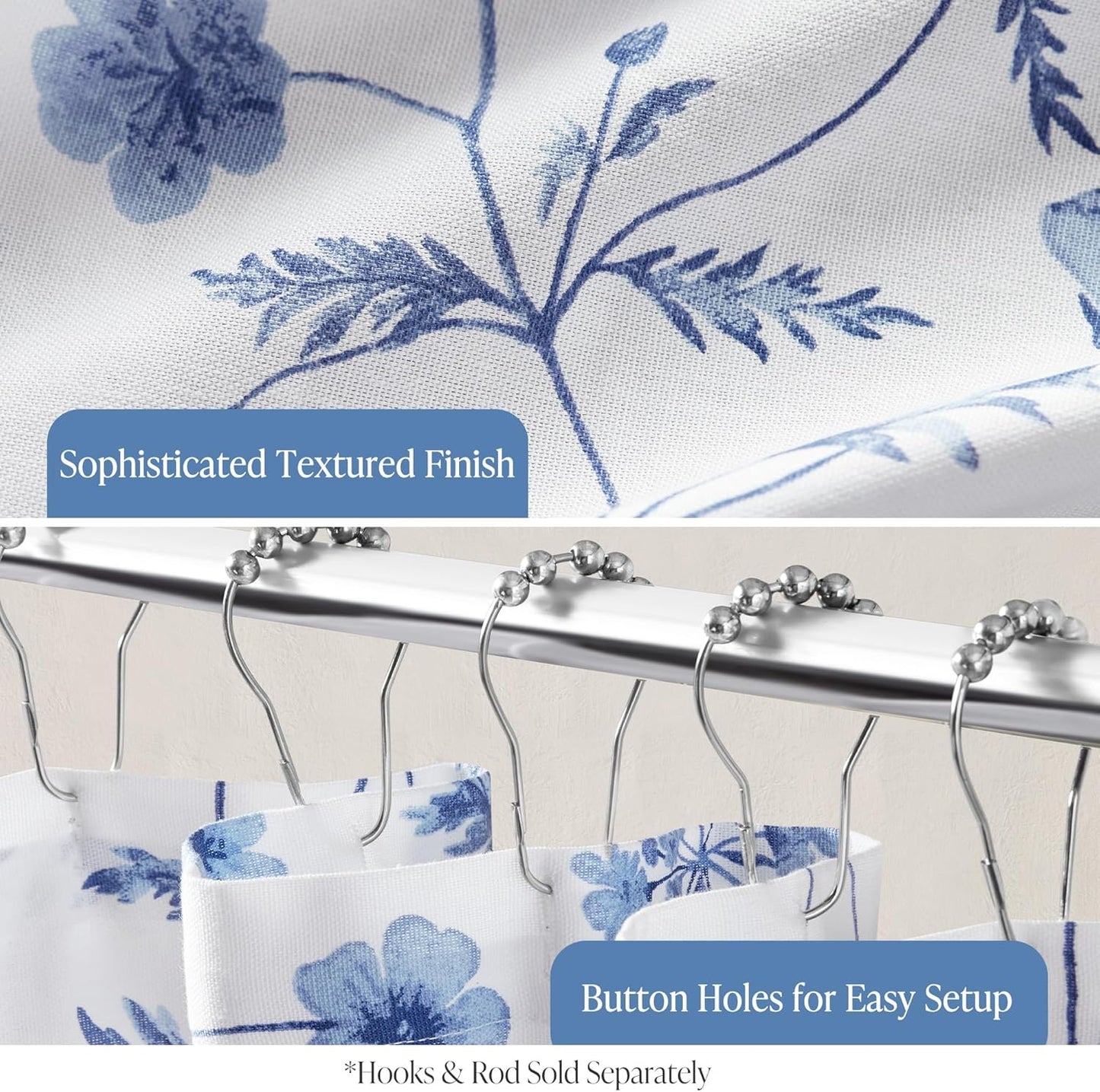 Martha Stewart Martha's Garden Shower Curtain Botanical Floral Print Cotton Shower Curtain for Bathroom, Spa Quality Modern Shower Curtains Standard Size, 72x72 Blue