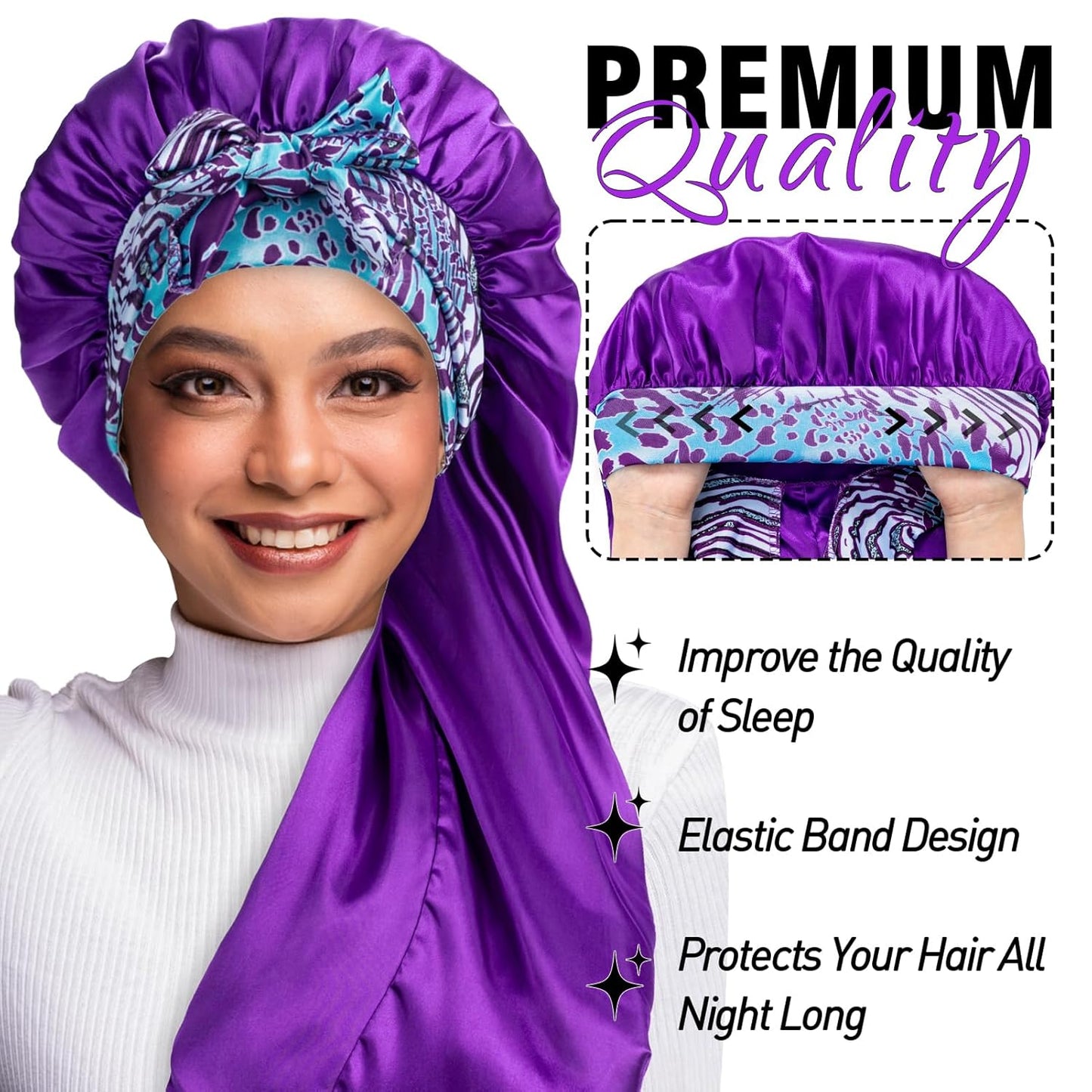 2Pcs Bonnets for Women Sleeping Braid Bonnet, Large Long Satin Silk Bonnet for Braids, Black Women Braid Bonnets with Stretchy Tie Band for Sleeping Extra Long (Black & Purple Pattern)