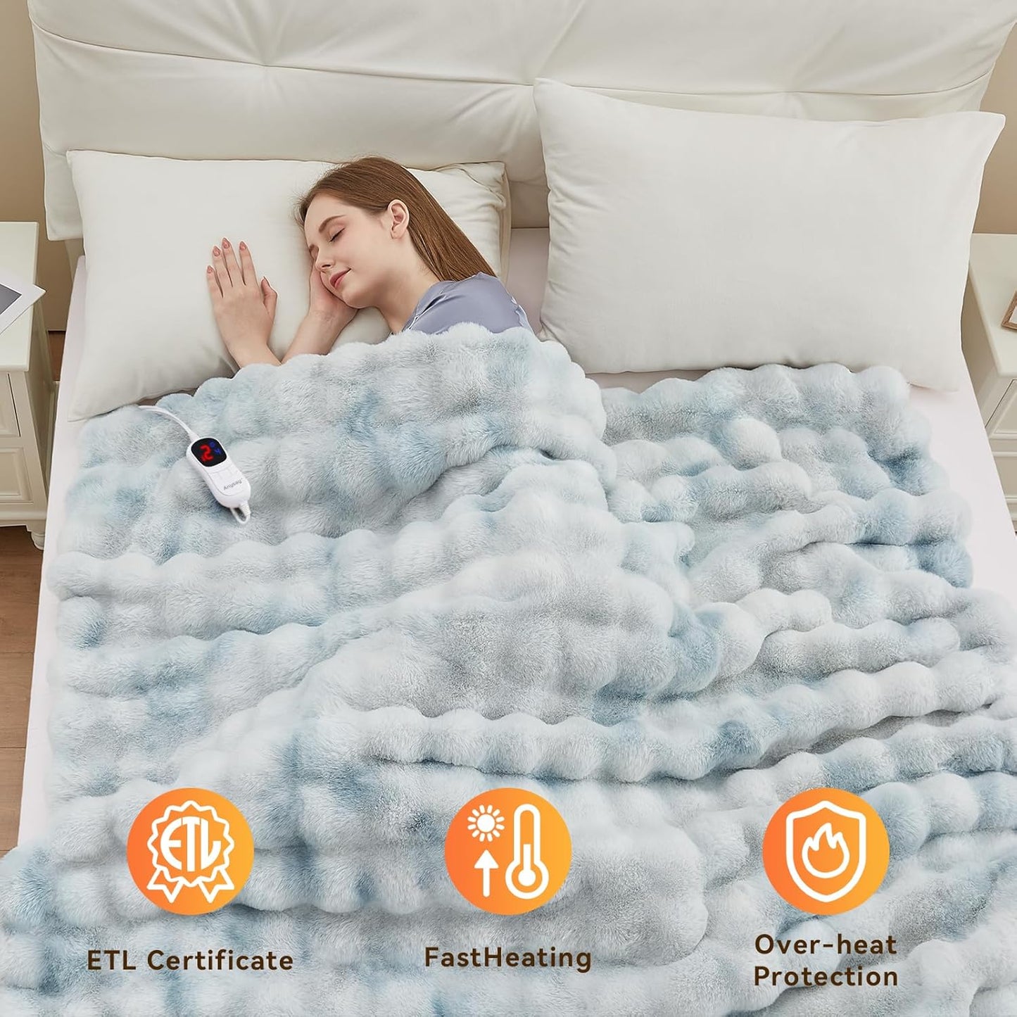Heated Blanket Throw with 1/2/4/6/8 Hours Auto-Off 10 Heat Level, 50'' * 60'' Cozy Faux Rabbit Fur Bubble Electric Blanket with Overheat Protection(Blue)
