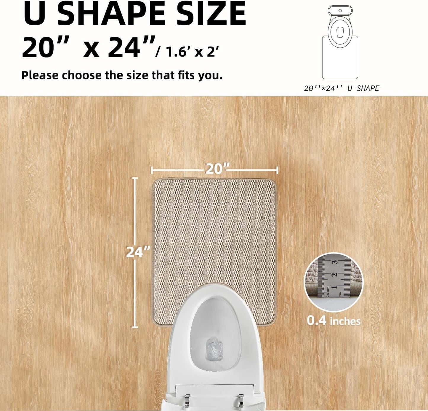 Toilet Rug, Thin Toilet Rugs U Shaped Washable Non Slip Absorbent Quick Dry Low Pile Toilet Mat, Beige 20"x24" U Shape