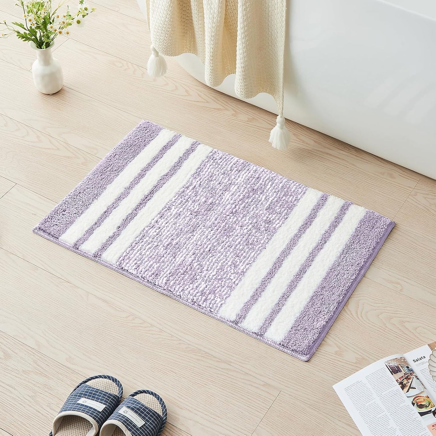CozeCube Bath mats for Bathroom Non Slip, Fluffy Absorbent Microfiber Bath mat Washable, Aesthetic Bathroom Rugs, Small Purple Striped Bath mat, Lavender, 24" x 16"