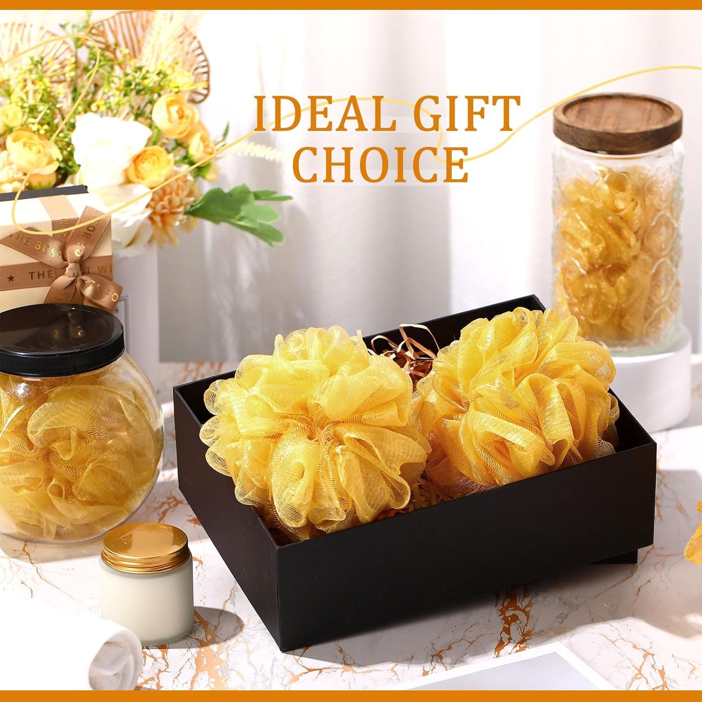 12 Pcs Halloween Bath Loofah Sponge Orange Black Loofah Exfoliating Body Scrubber Shower Sponge 50g Mesh Shower Pouf Balls Gift Set for Women Men Wedding Bathing Accessories(Gold)