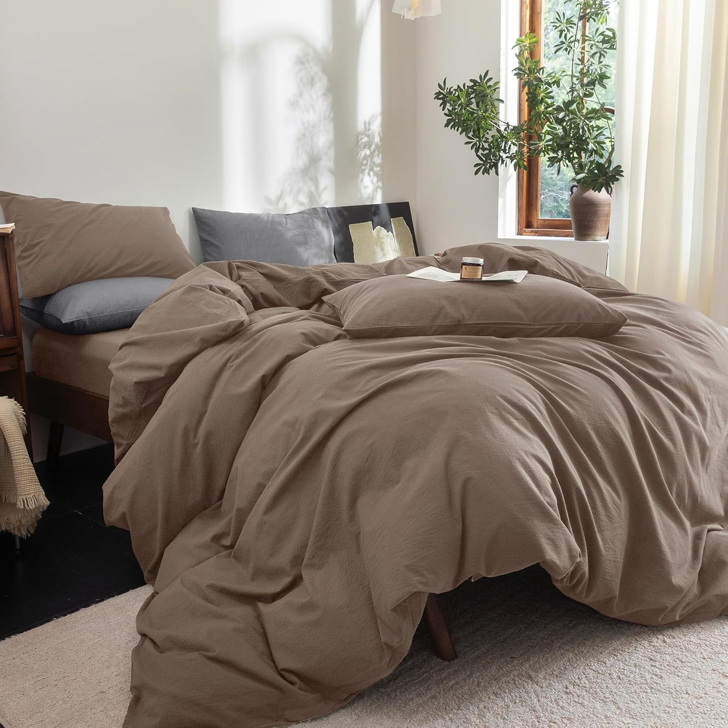 FOSSA Duvet Cover Set 100% Washed Cotton Linen Feel Super Soft Breathable Cozy 3 Pieces Bedding Sets Solid Pale Brown California King