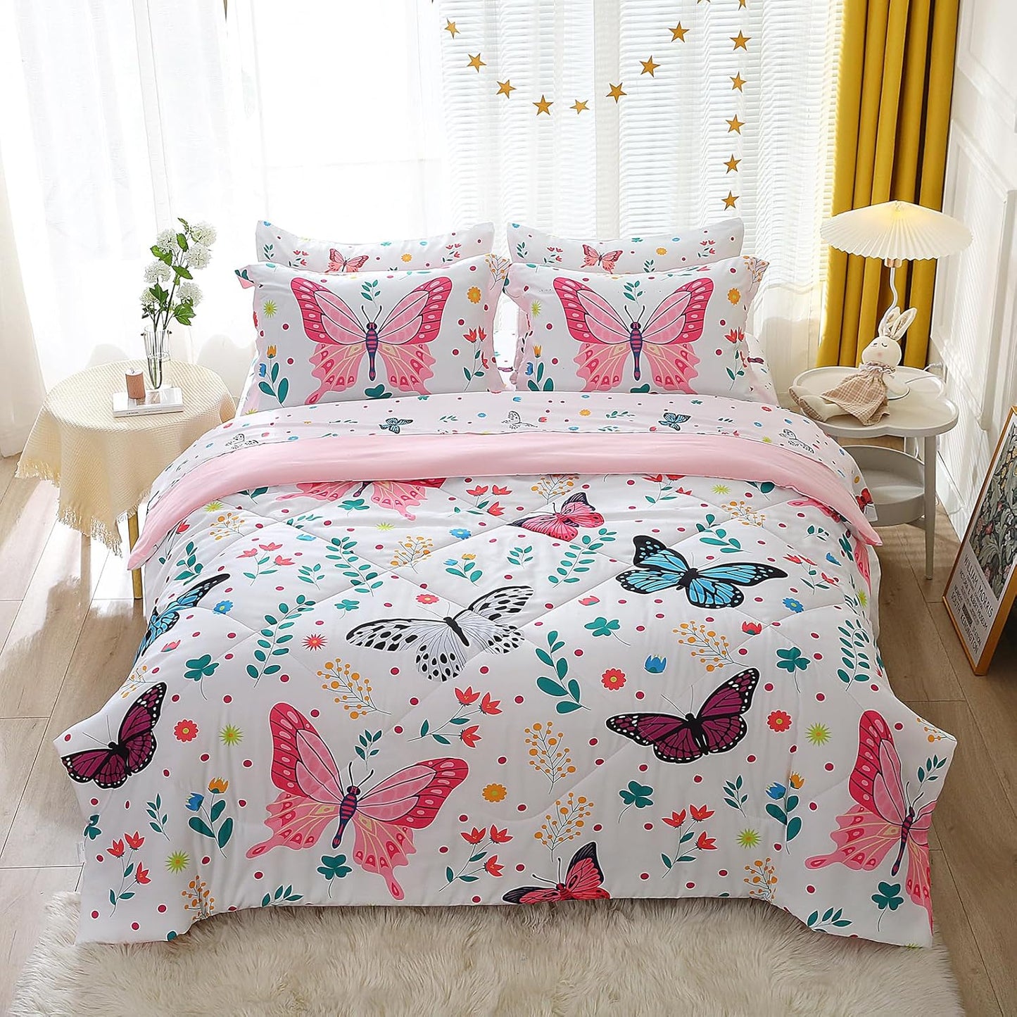 Wajade Butterfly Twin Comforter Set for Girls Kids Bedding Sets for Girls 7 Pieces Bed in a Bag Colorful Butterflies Flower Leaves Bedding Set All Season Lightweight