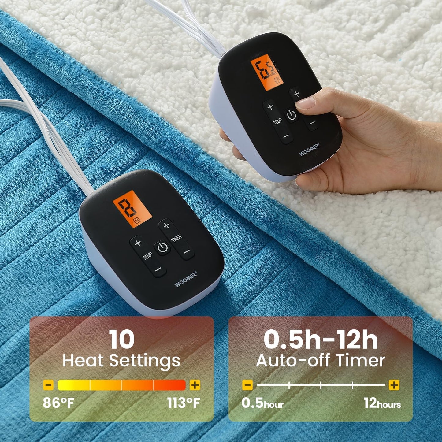 WOOMER Heated Blanket King Size,Durable Flannel and Soft Sherpa,Dual Control,90” × 100” Electric Blanket, 10 Heat Levels&0.5-12h auto-Off, Overheat Protection,Energy Efficient