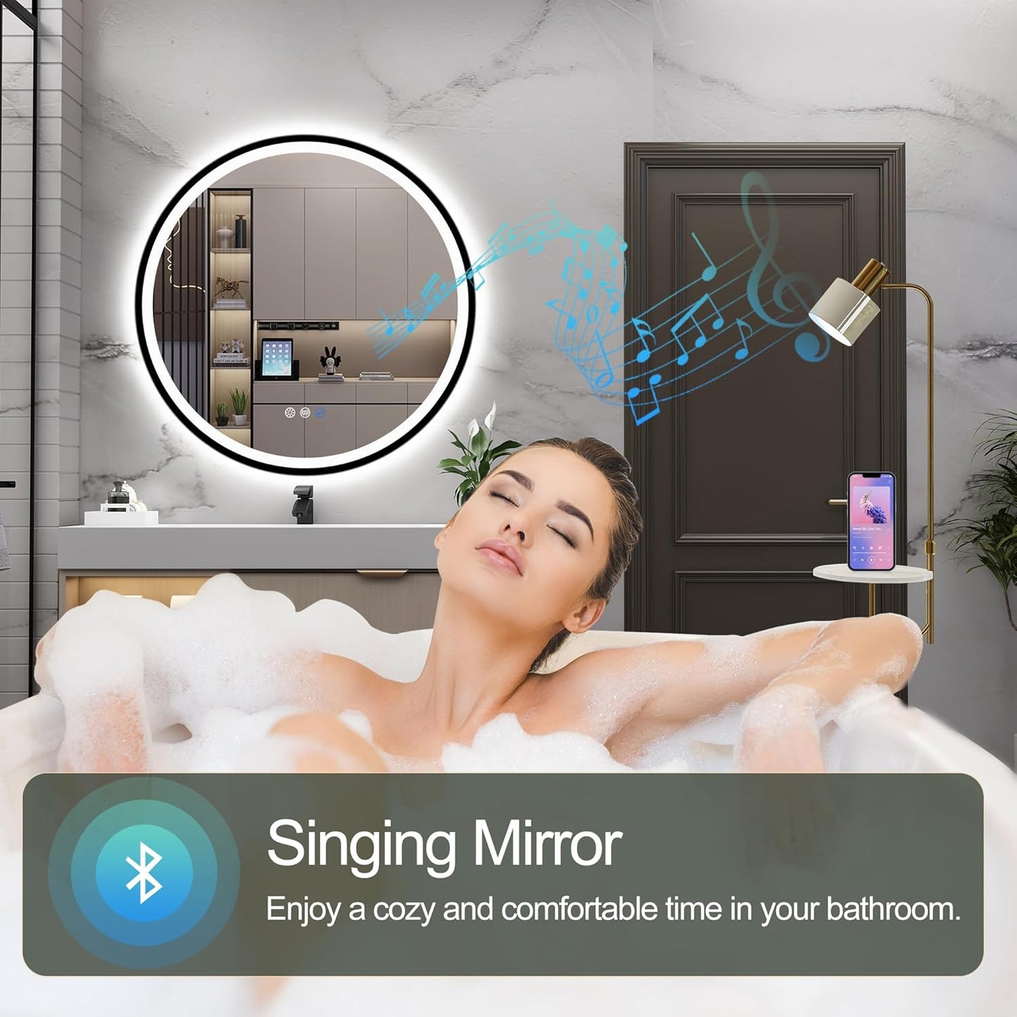 S·BAGNO 24’’ Round Led Bathroom Mirror with Lights, Bathroom Vanity Wall Mirror with Buletooth, Anti-Fog, Stepless Dimmable, 3 Colors, Tempered Glass Lighted Makeup Mirror for Bathroom